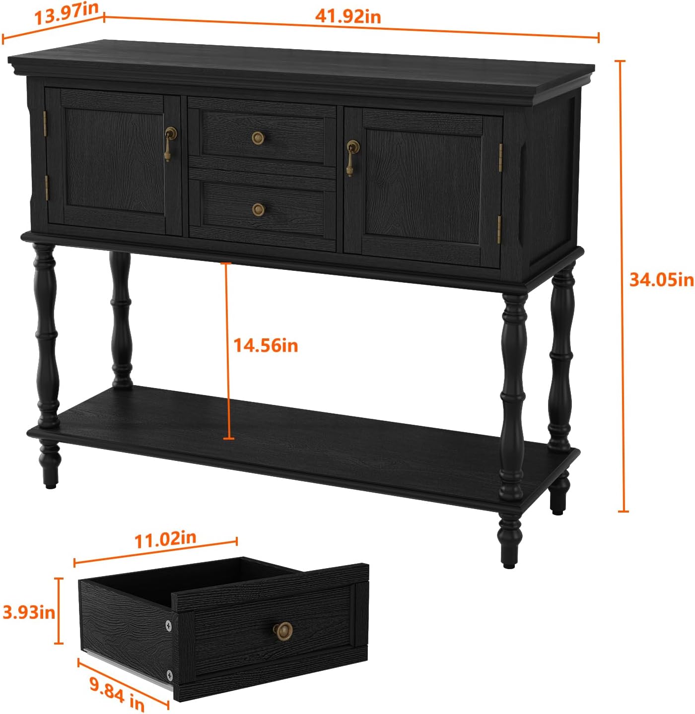 HLR® Console Table with 2 Drawers, Retro Entryway Table with 2 Door Cabinets and Open Storage Shelf