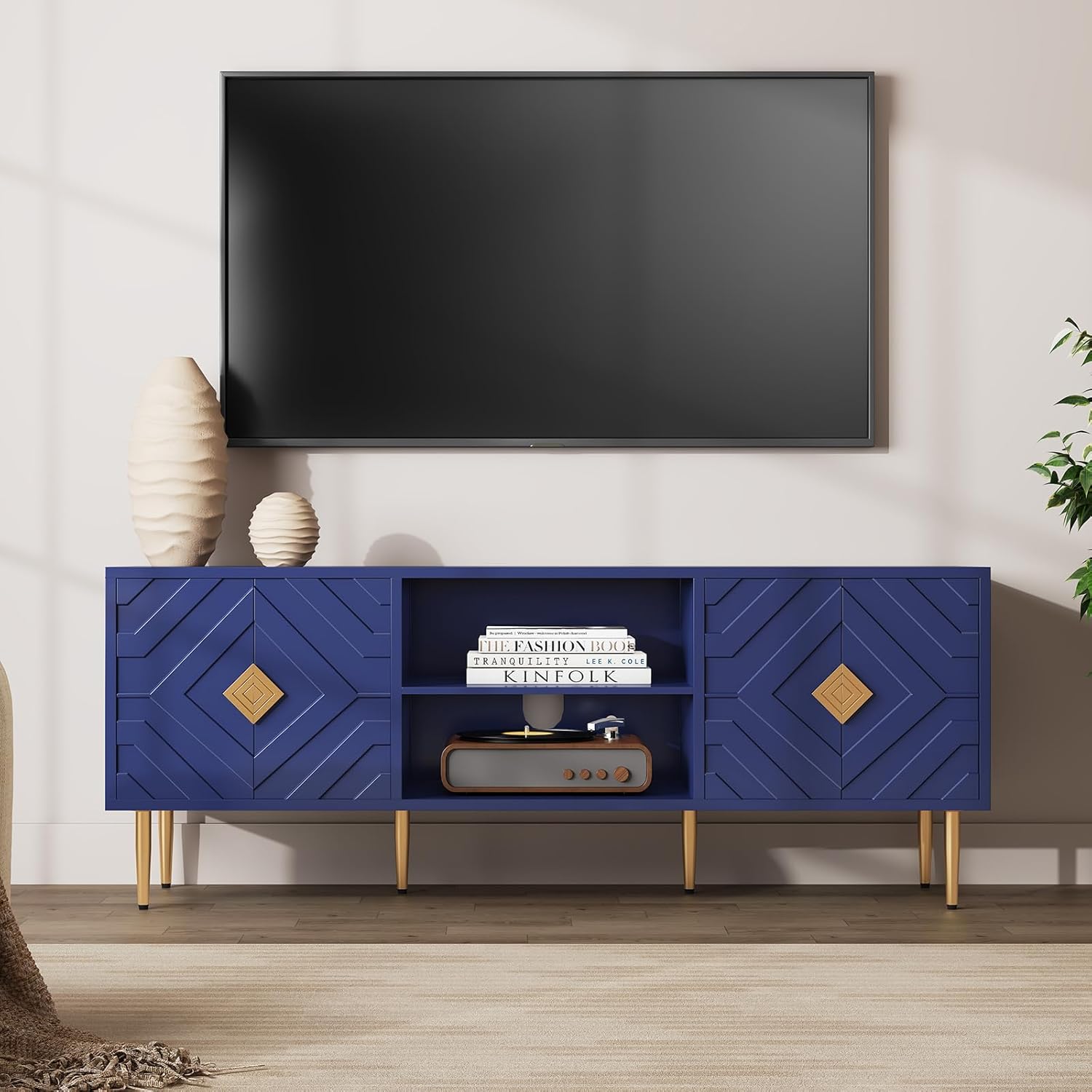 HLR® Modern TV Stand for 65/70/75 inch TV, Entertainment Center with Storage Cabinet