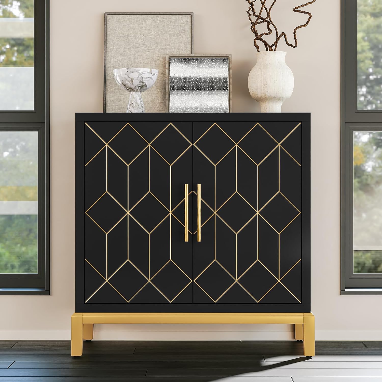 HLR® Green Accent Cabinet with Gold Trim, Storage Cabinet with 2/4 Doors