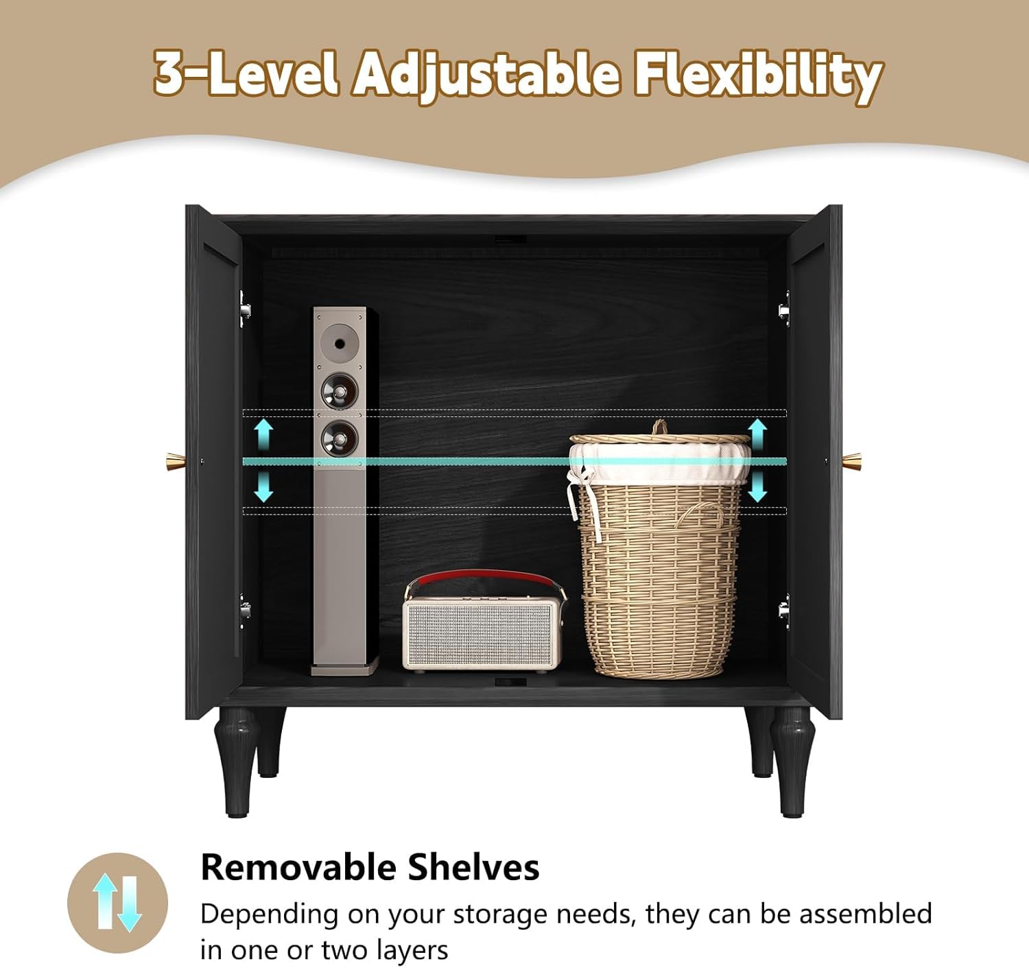 HLR® Black Sideboard Buffet Cabinet with Storage, Mid-Century Modern Storage Cabinet