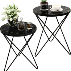 HLR® Modern Round Side Table, End Table with Marble Effect Top and Gold Metal Frame