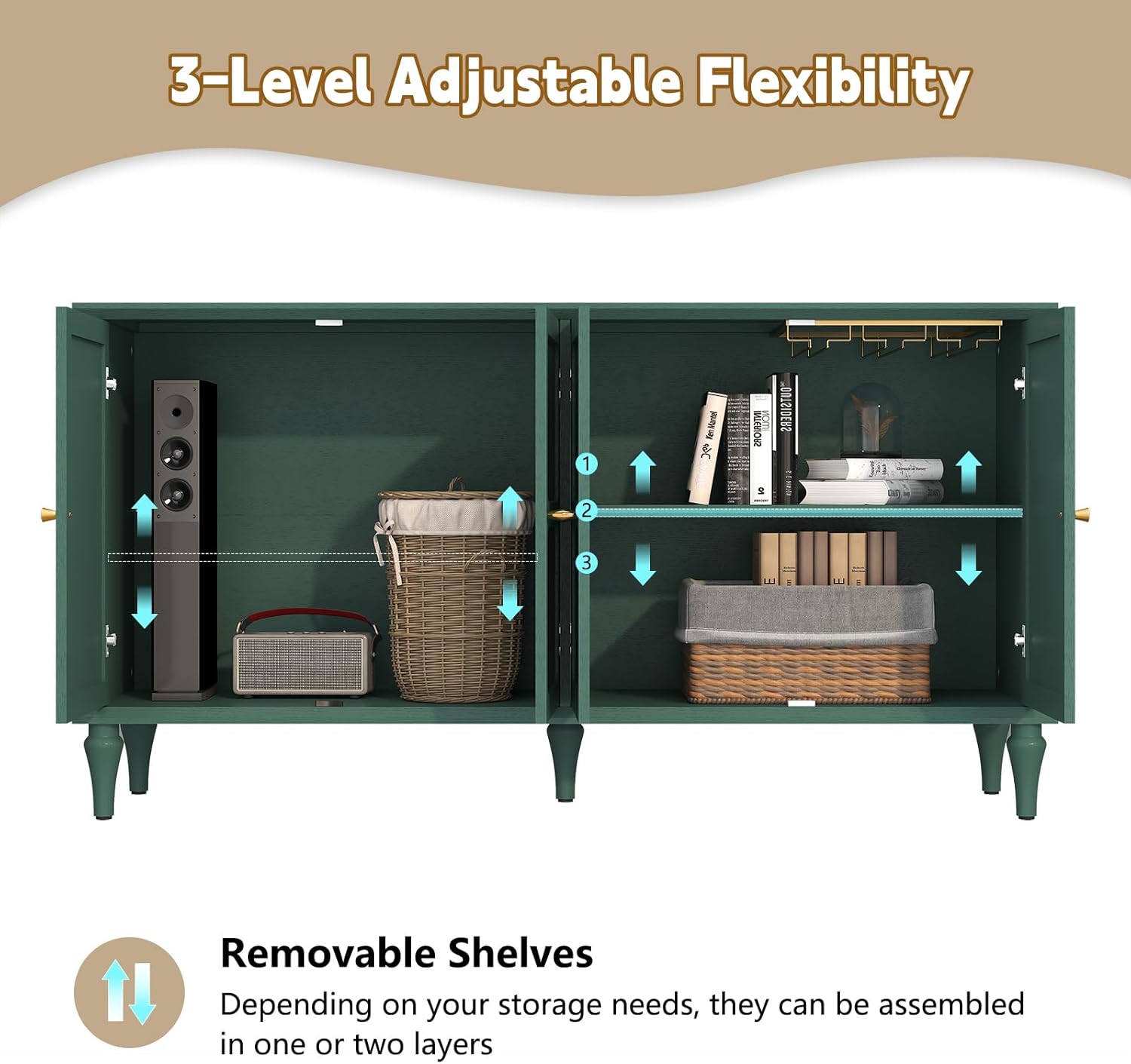 HLR® 58'' Mid-Century Modern Buffet Storage Cabinet with 4 Doors and Adjustable Shelves