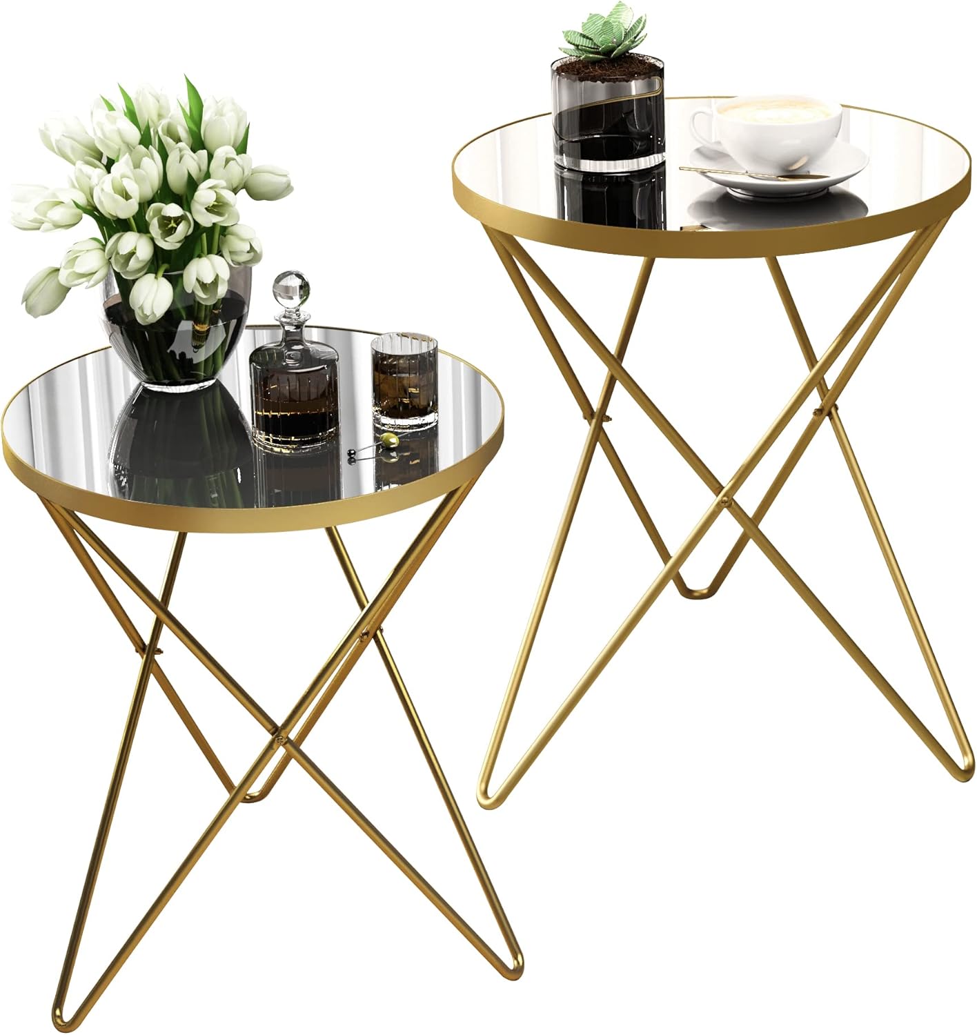 HLR® Modern Round Side Table, End Table with Marble Effect Top and Gold Metal Frame