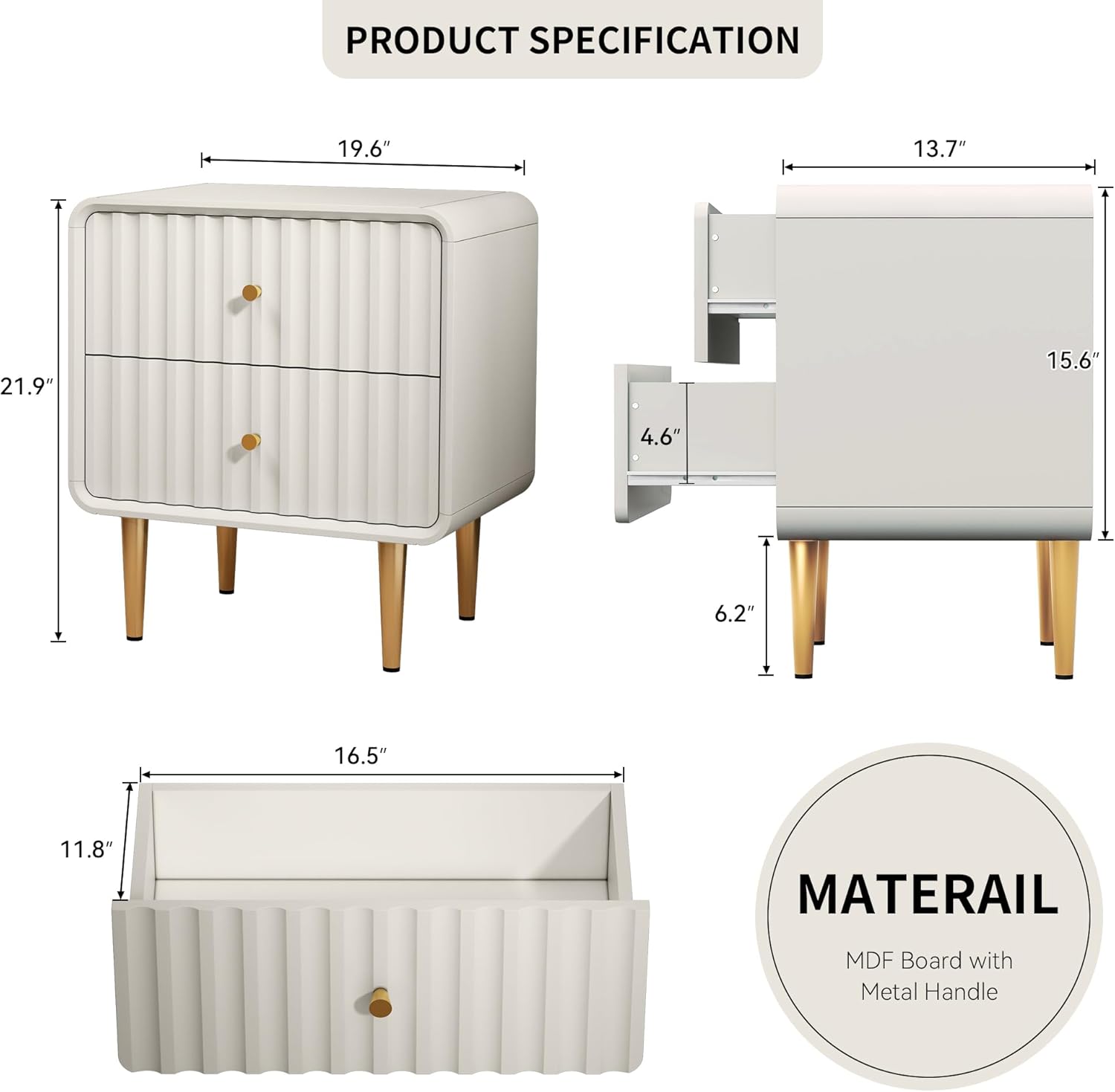 HLR® Modern Nightstand Set of 2, Fluted Bed Side Table with 2 Drawers Storage
