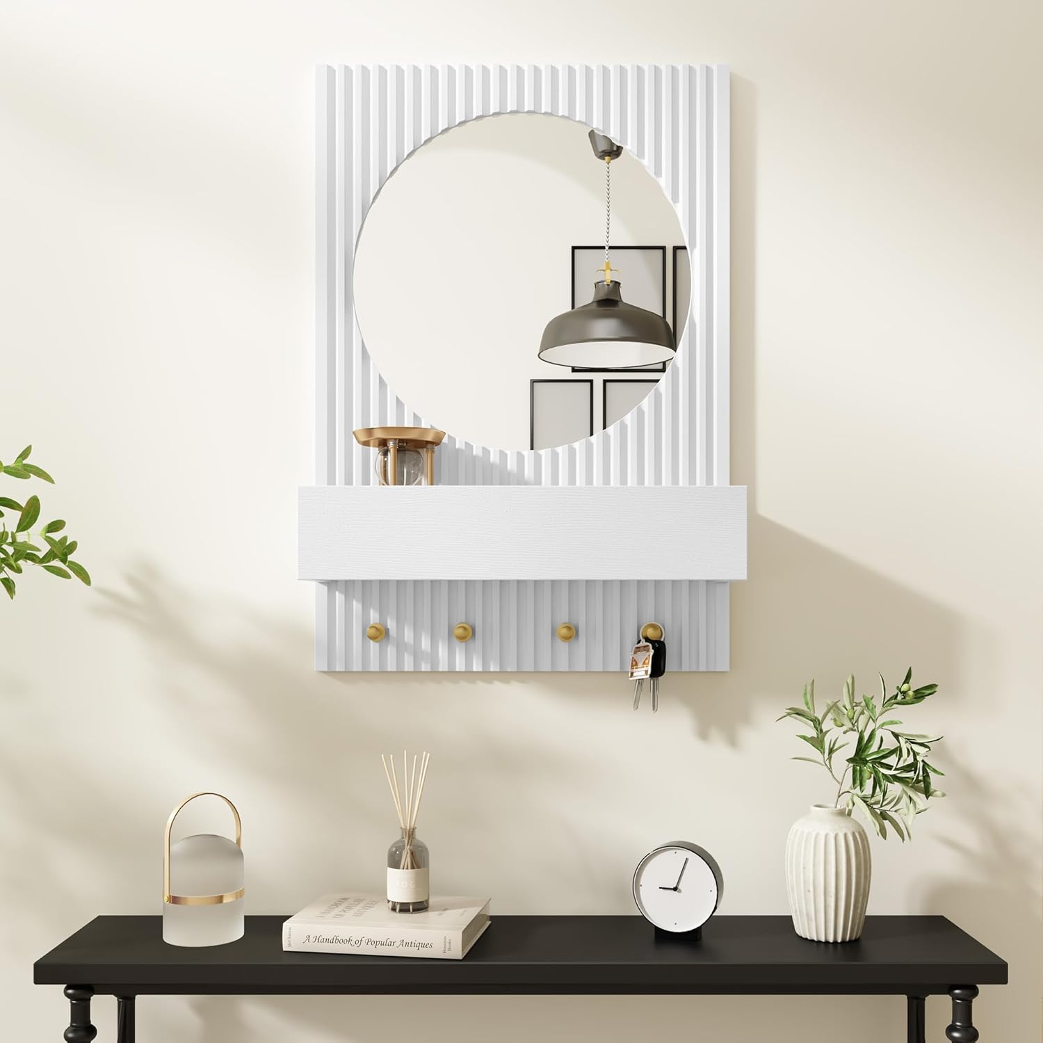 HLR® Wood Wall Mirror with Shelf&Hooks, 24"x16" White Wall-Mounted Mirrors