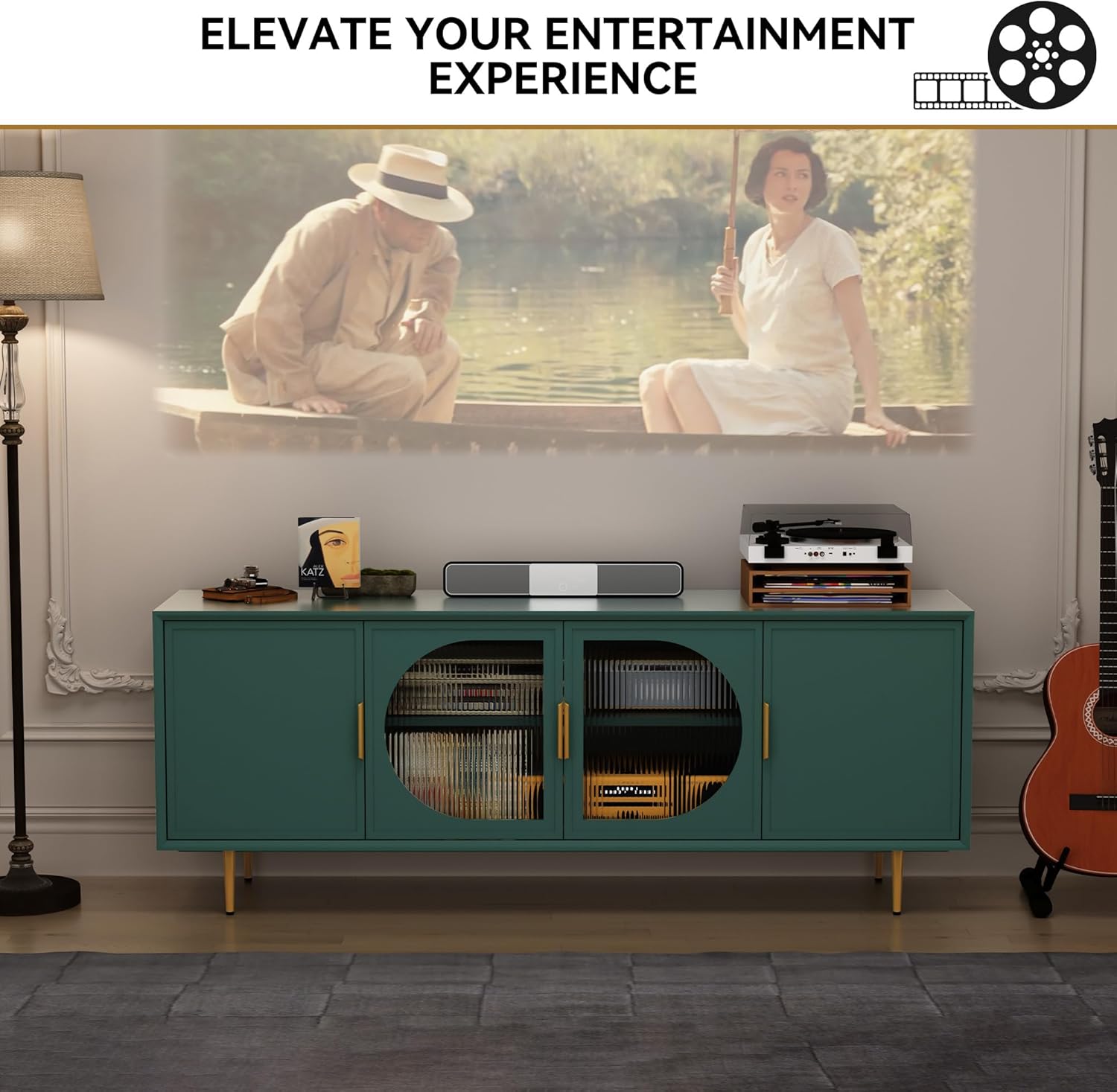 HLR® Modern TV Stand for TVs up to 70+ inch, Glass Door Television Console Table