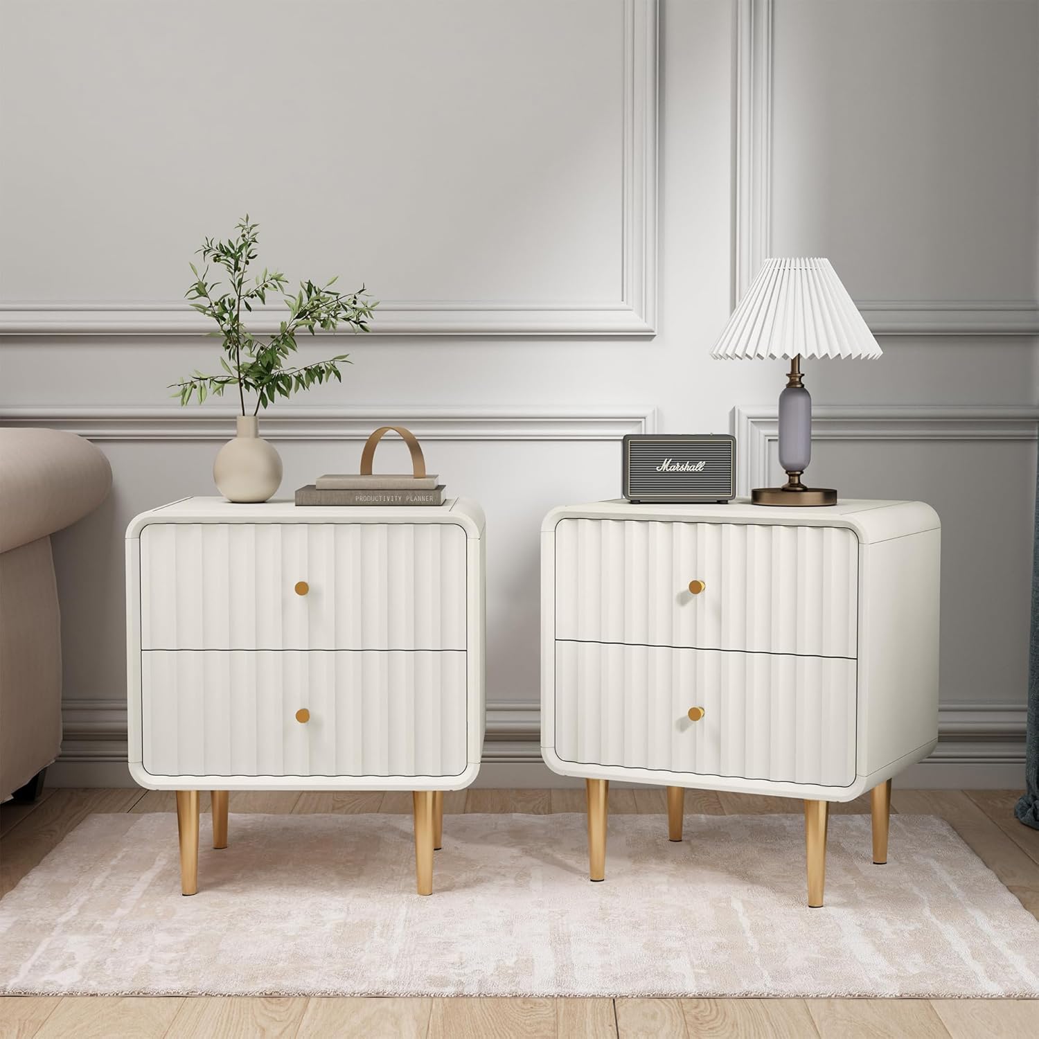 HLR® Modern Nightstand Set of 2, Fluted Bed Side Table with 2 Drawers Storage
