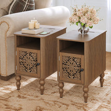 HLR Side Table Set of 2 with Charging Station & Curved Carved Door, 2-Pack