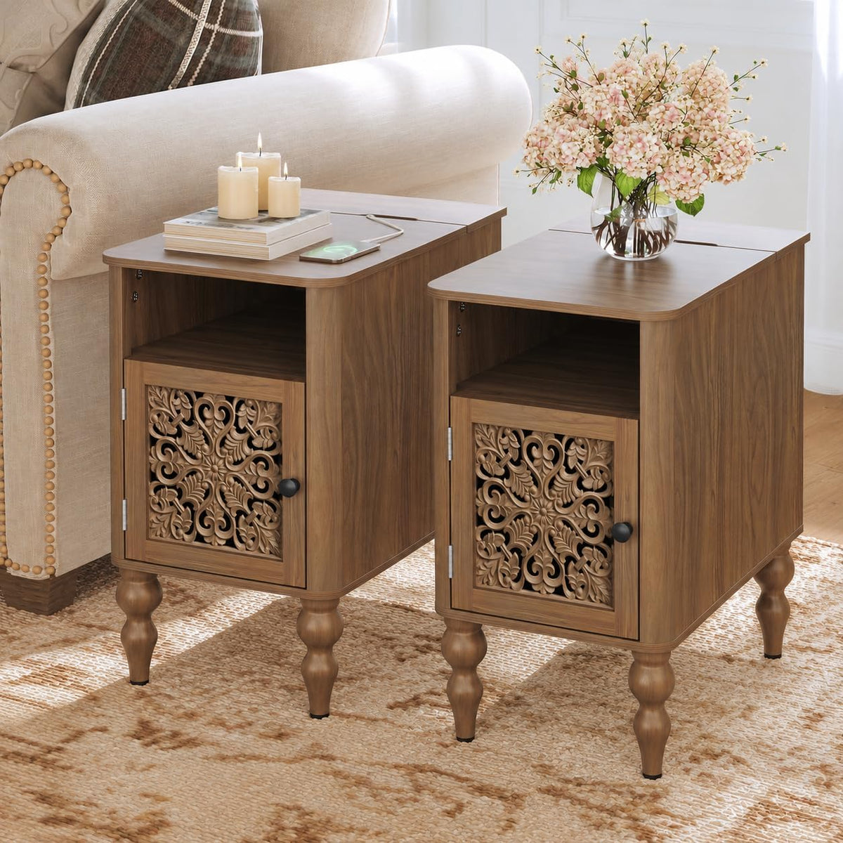 HLR Side Table Set of 2 with Charging Station & Curved Carved Door, 2-Pack