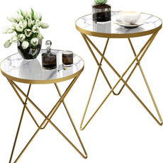 HLR® Modern Round Side Table, End Table with Marble Effect Top and Gold Metal Frame
