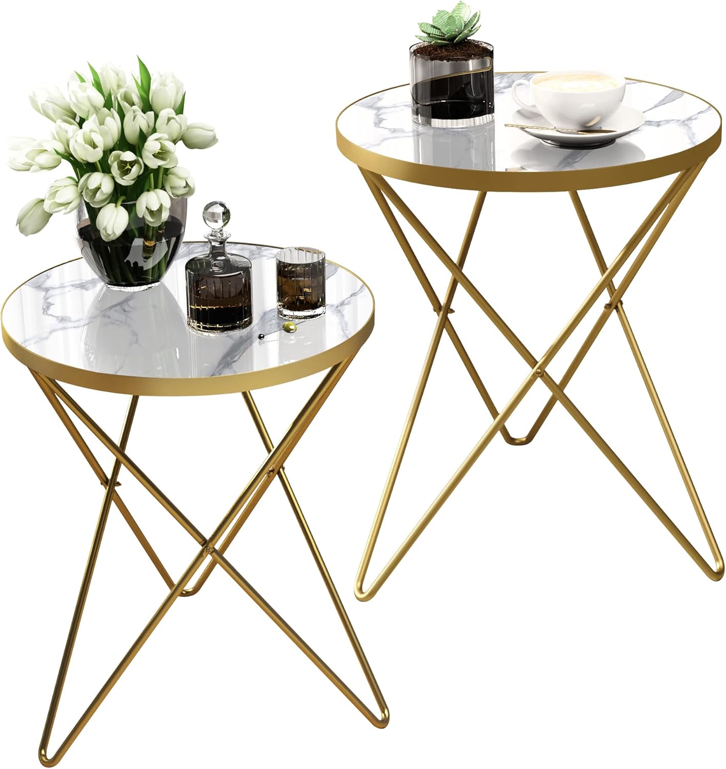 HLR® Modern Round Side Table, End Table with Marble Effect Top and Gold Metal Frame