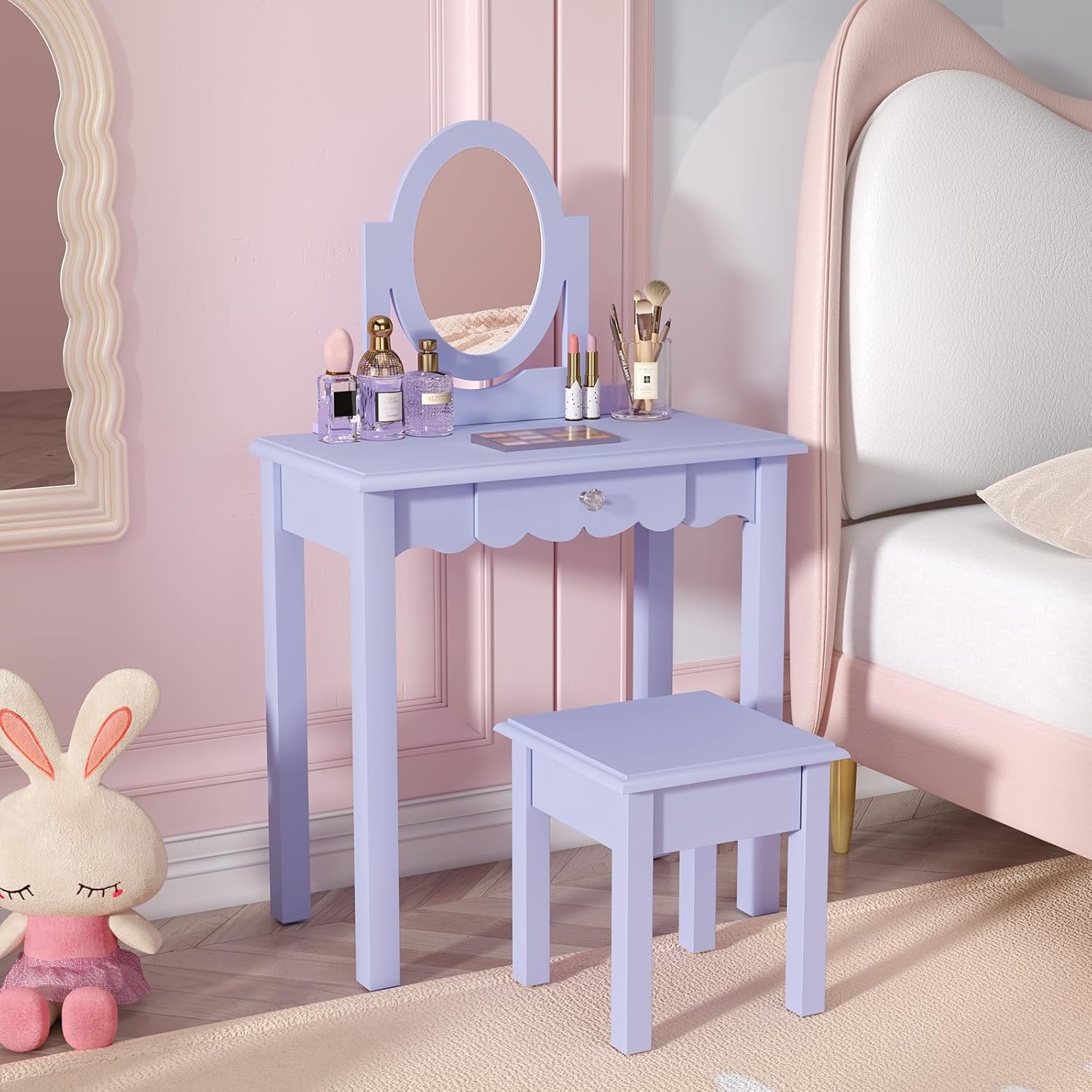 HLR® Kids Vanity, Girls Vanity Set with Mirror and Stool, Wooden 2 in 1 Princess Makeup Desk Dressing Table with Detachable Top