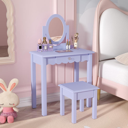 HLR® Kids Vanity, Girls Vanity Set with Mirror and Stool, Wooden 2 in 1 Princess Makeup Desk Dressing Table with Detachable Top