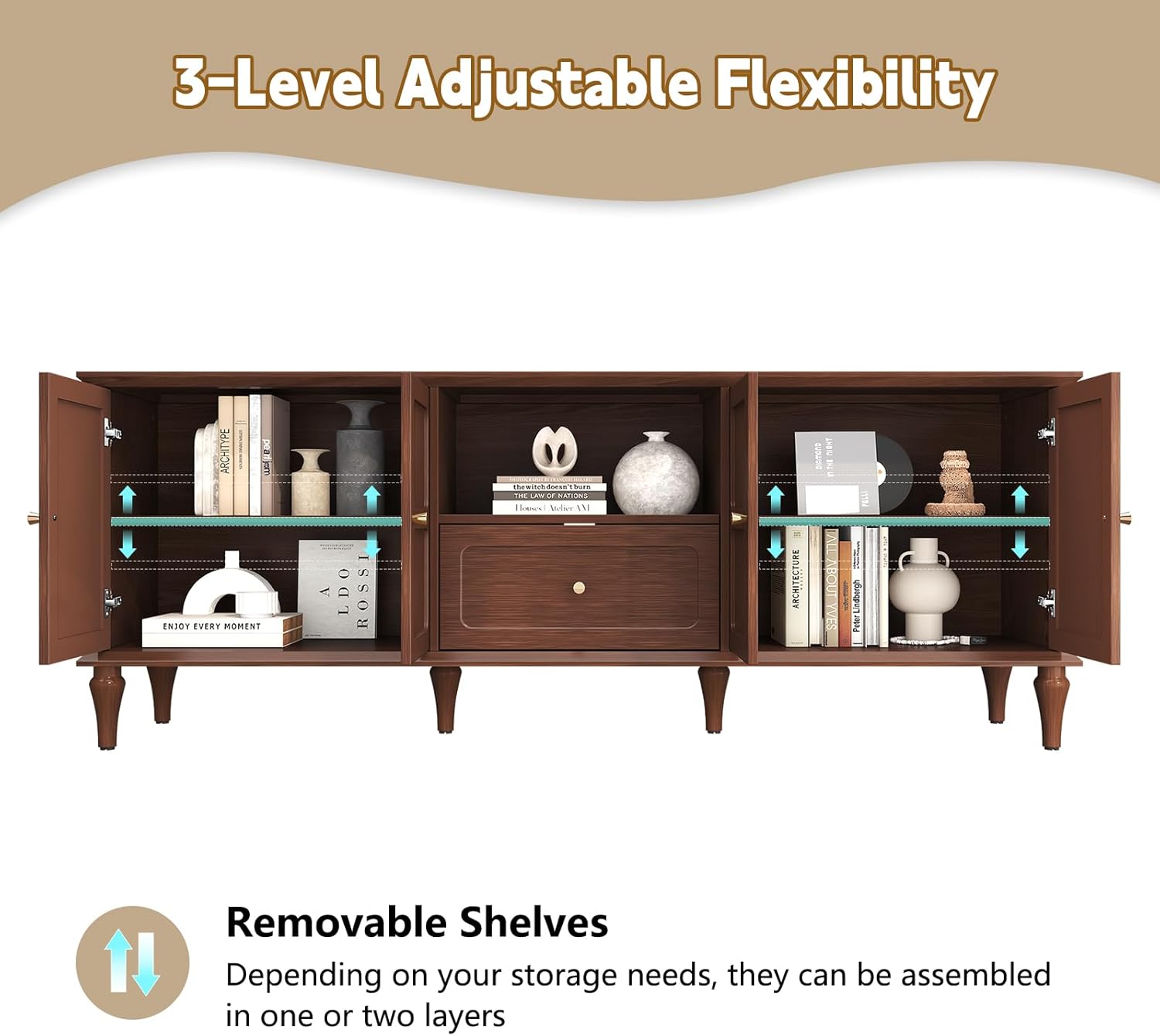 HLR® 66'' Mid-Century Modern TV Stand with Storage Drawer and Doors, Long TV Stand
