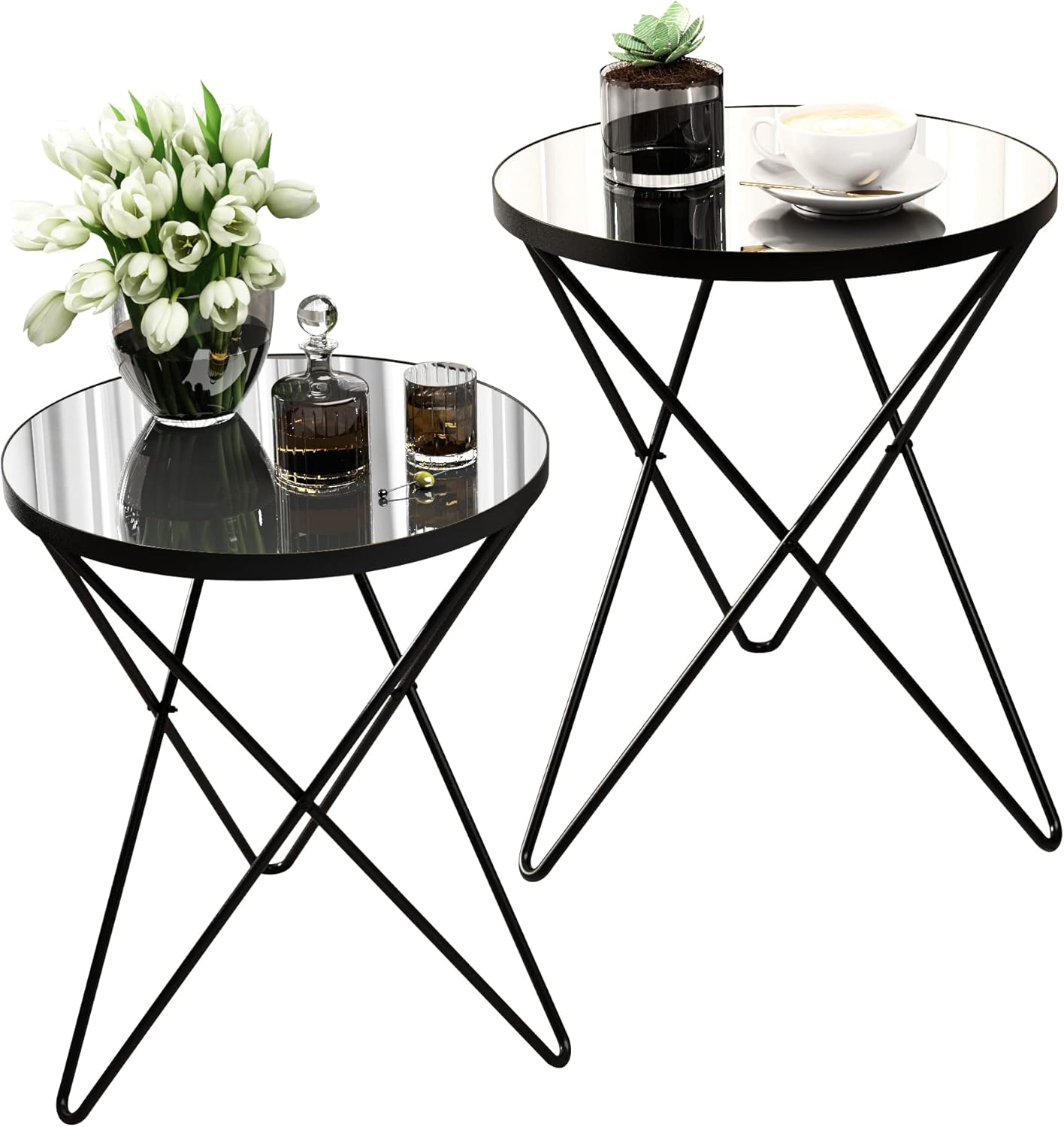 HLR® Modern Round Side Table, End Table with Marble Effect Top and Gold Metal Frame