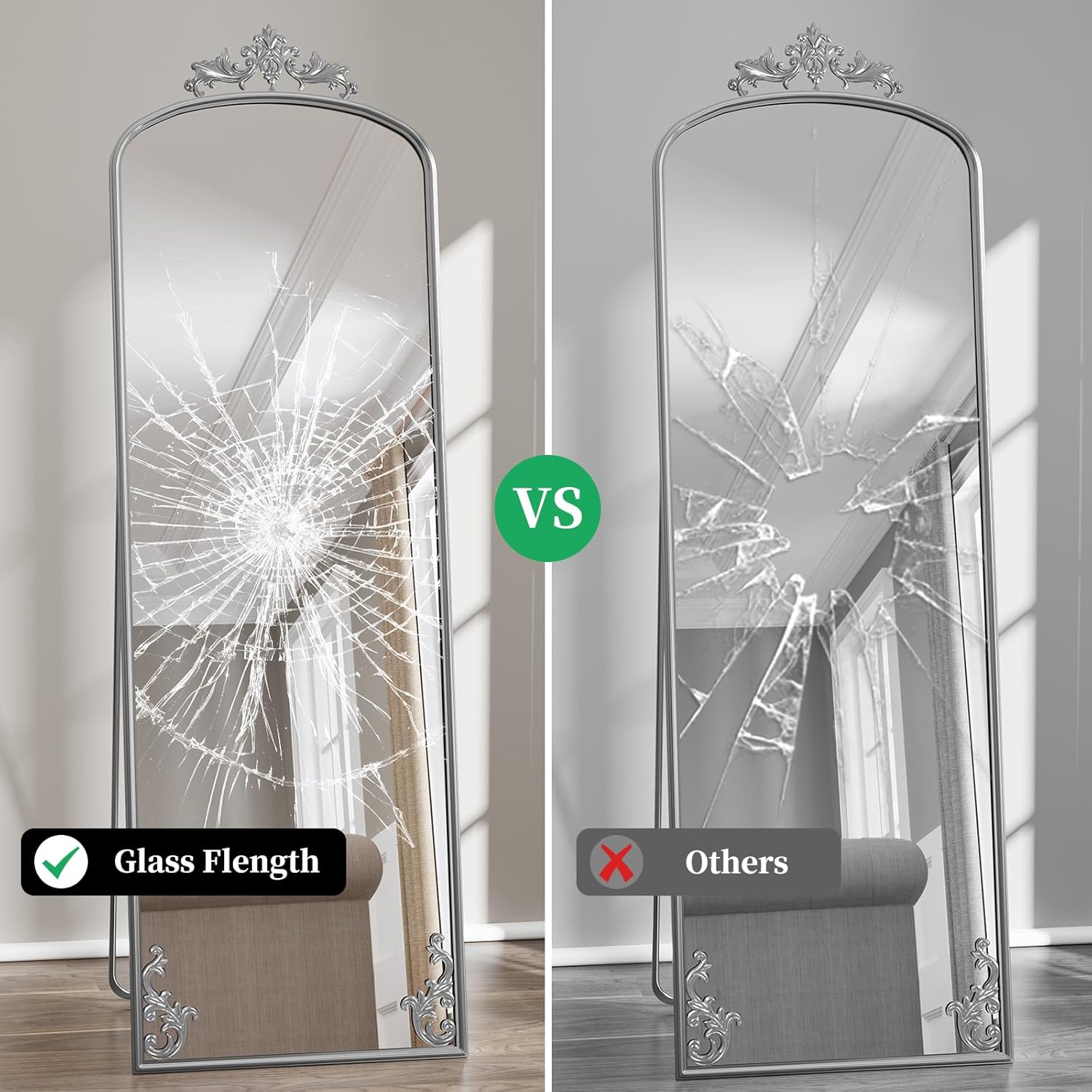 HLR® 64"x21" Tall Arched Full Length Mirror, Vintage Full Body Mirrors with Carved Metal Frame