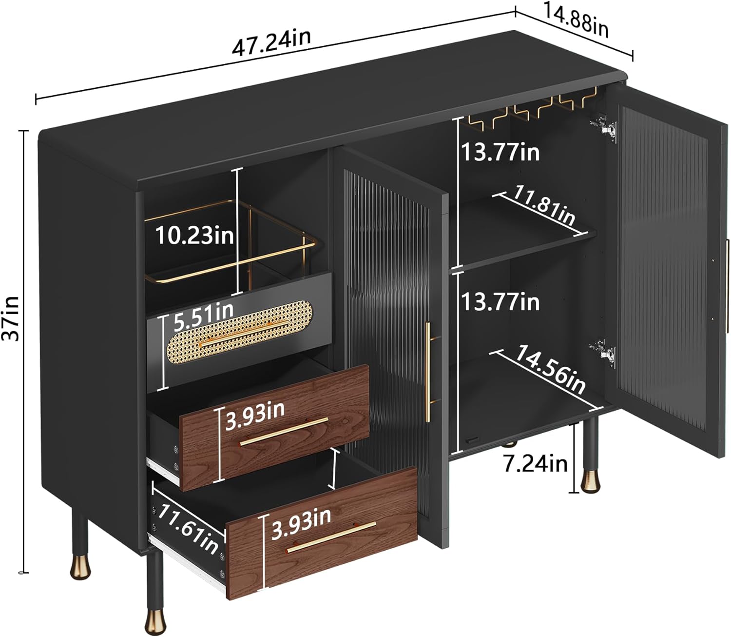 HLR® 48" Coffee Bar Cabinet with Wine Racks and Drawers, Modern Buffet Sideboard