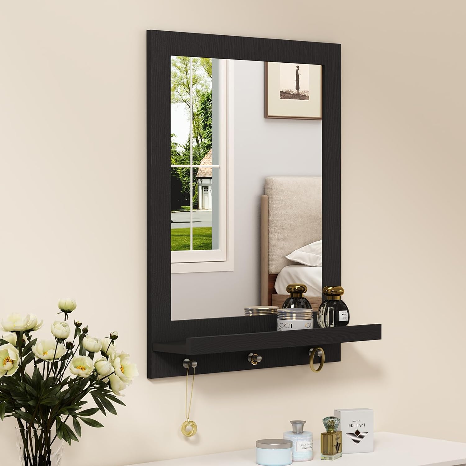 HLR® 24" x 18.5'' Wood Wall Mirror with Shelf, Rectangular Hallway Mirror with Hooks