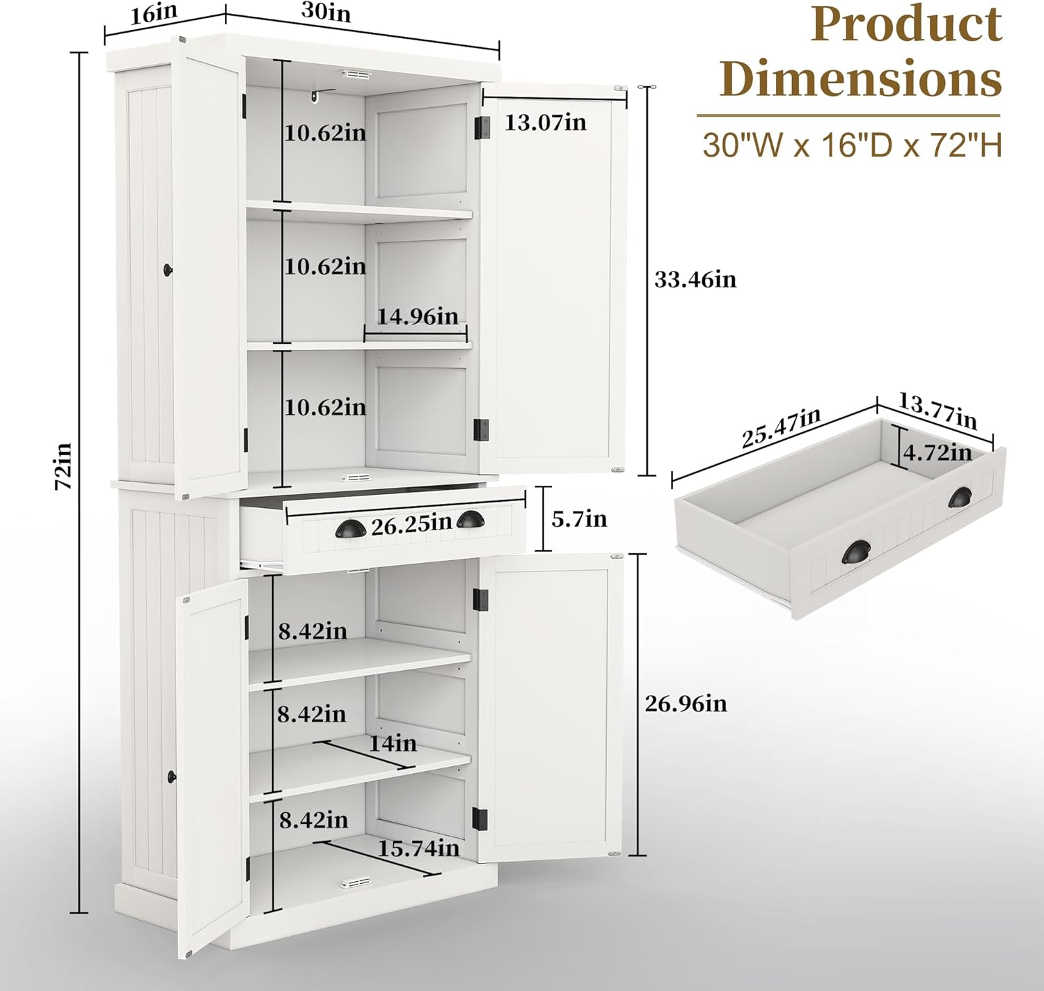 HLR® 72" Tall Kitchen Pantry Storage Cabinet with Drawer and Adjustable Shelves