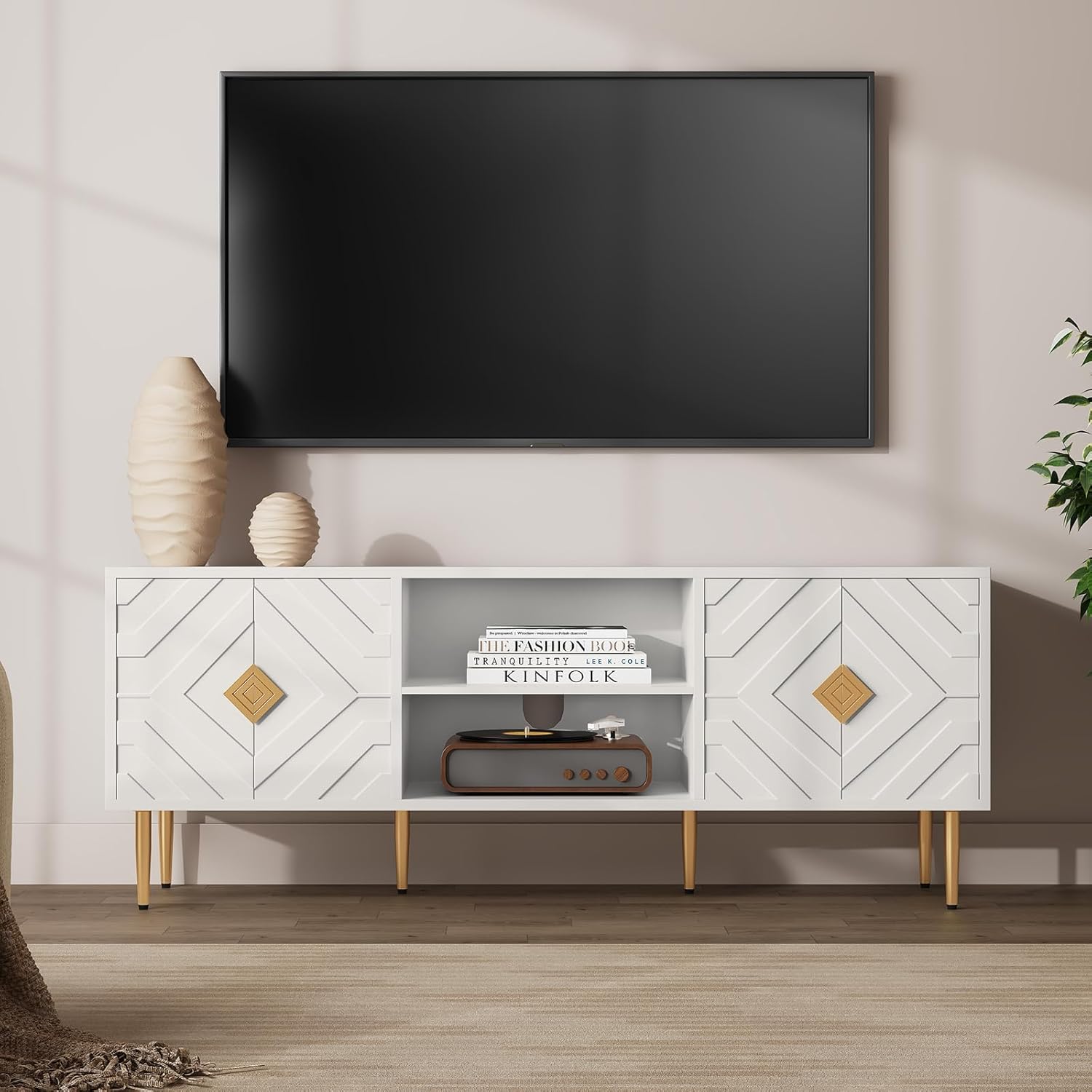HLR® Modern TV Stand for 65/70/75 inch TV, Entertainment Center with Storage Cabinet
