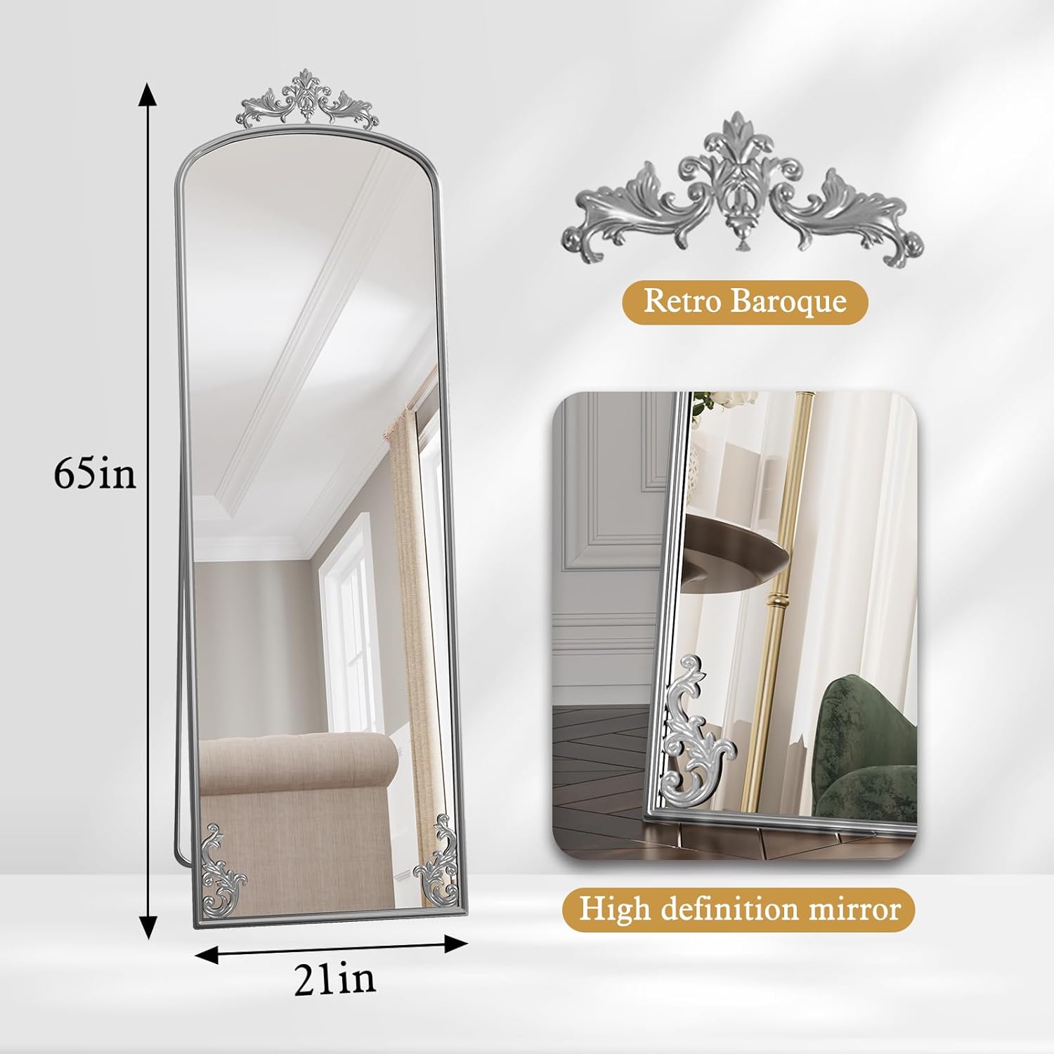 HLR® 64"x21" Tall Arched Full Length Mirror, Vintage Full Body Mirrors with Carved Metal Frame