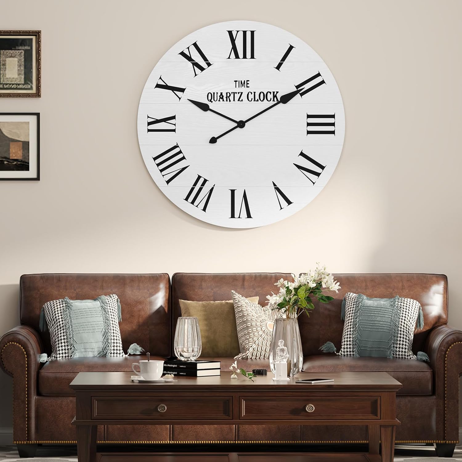 HLR® Large Farmhouse Wall Clock, 35.5” Shiplap Wall Clock with Roman Numeral, Nearly Non-Ticking, Round Wall Clocks