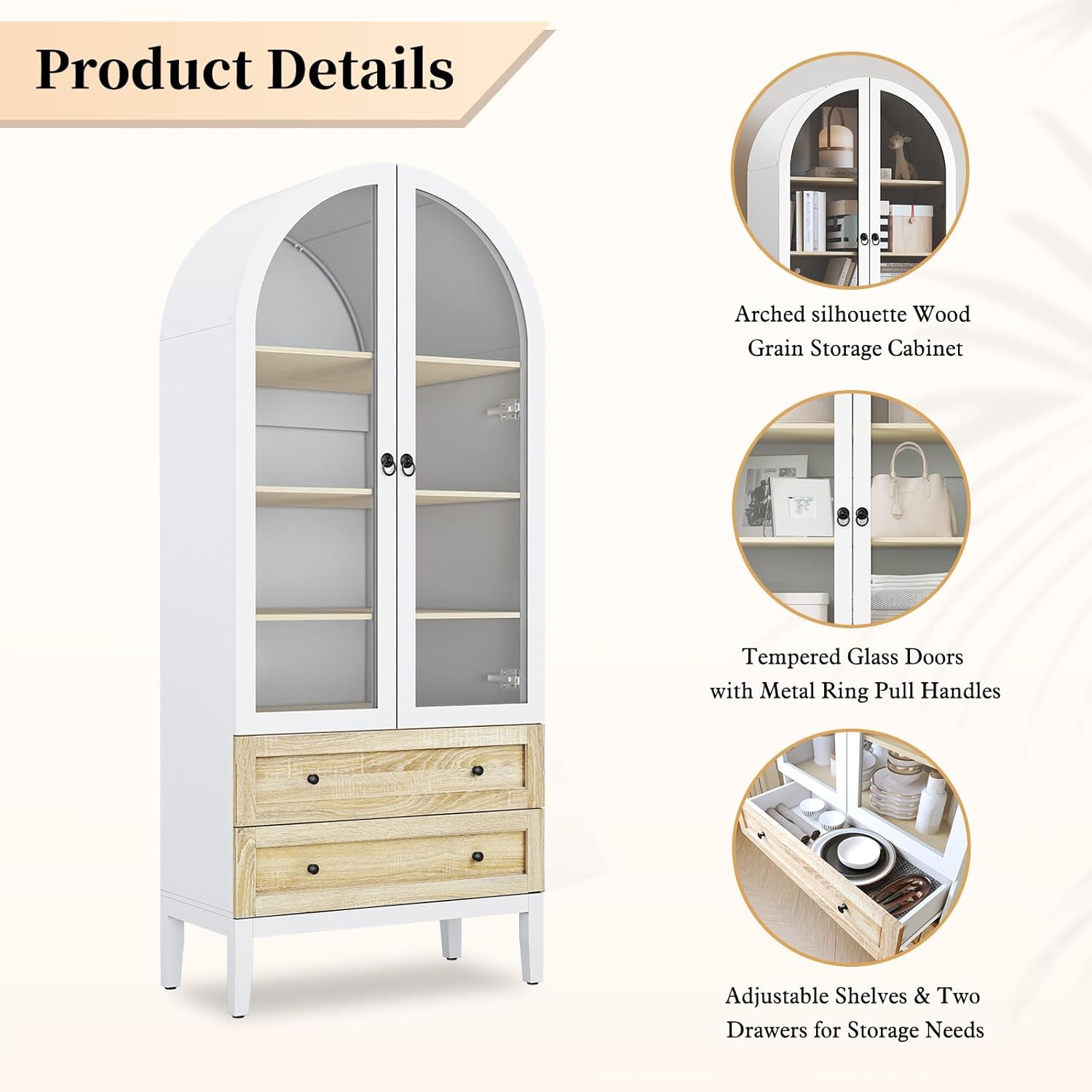 HLR® 71" Tall Arched Storage Cabinet, Modern Farmhouse White Kitchen Pantry Cabinet