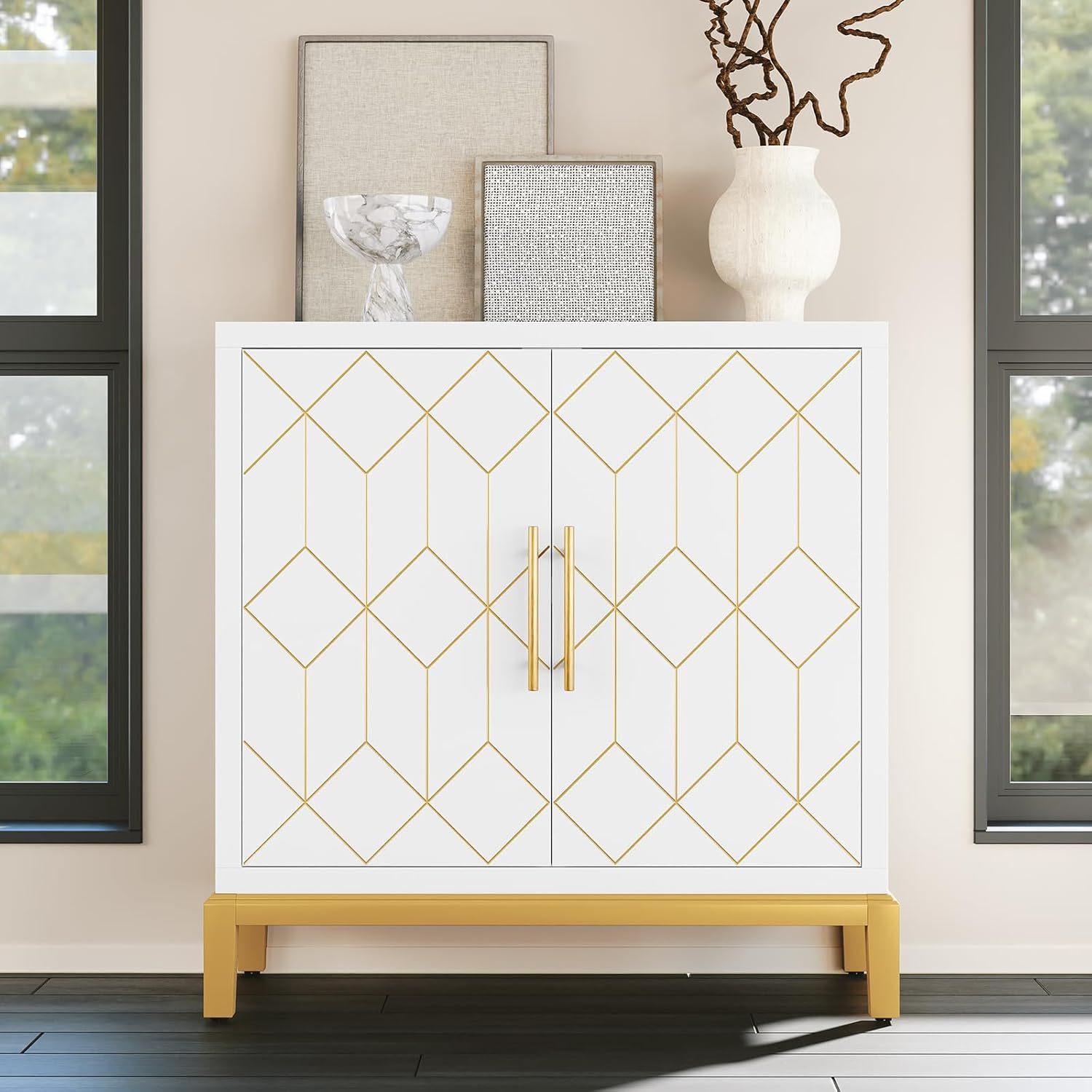 HLR® Green Accent Cabinet with Gold Trim, Storage Cabinet with 2/4 Doors