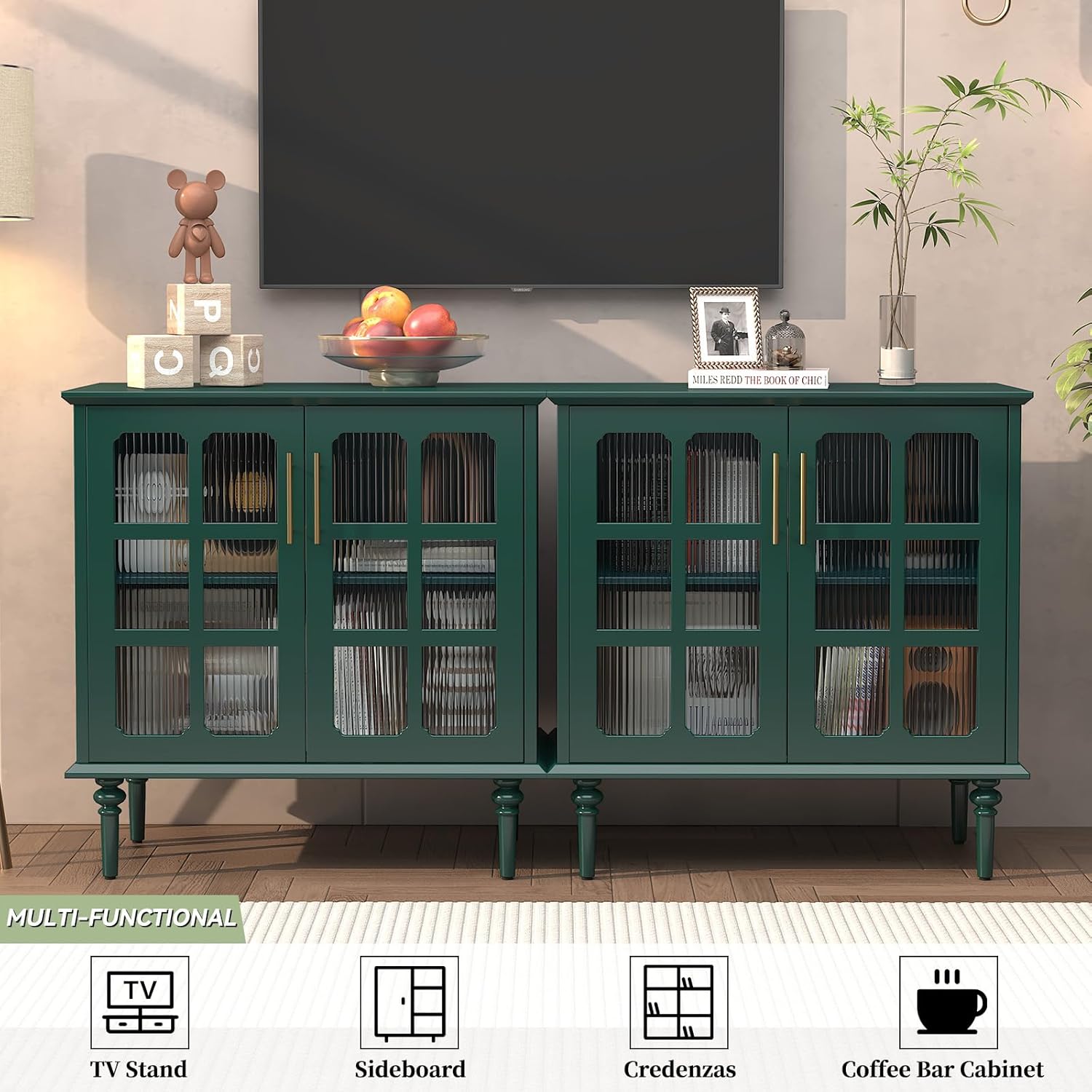 Buffet vintage HLR® avec 2 portes en verre à treillis, meuble d'appoint en bois 