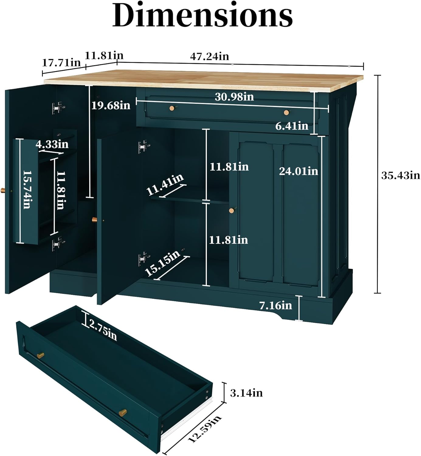 HLR® Kitchen Island Cart with Storage, Carved Doors Modern Rolling Islands with Drop Leaf