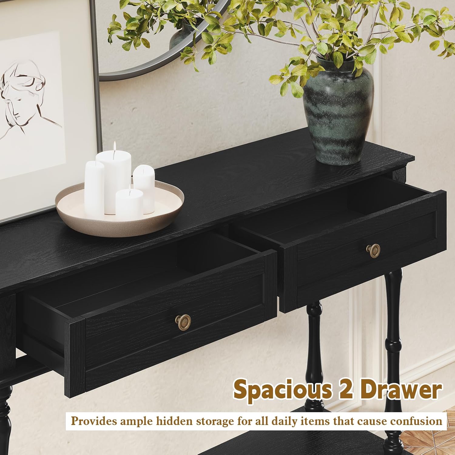 (Newest) HLR® Console Table for Entryway with 2 Drawers-Minimal Assembly,Black Retro Entryway Table