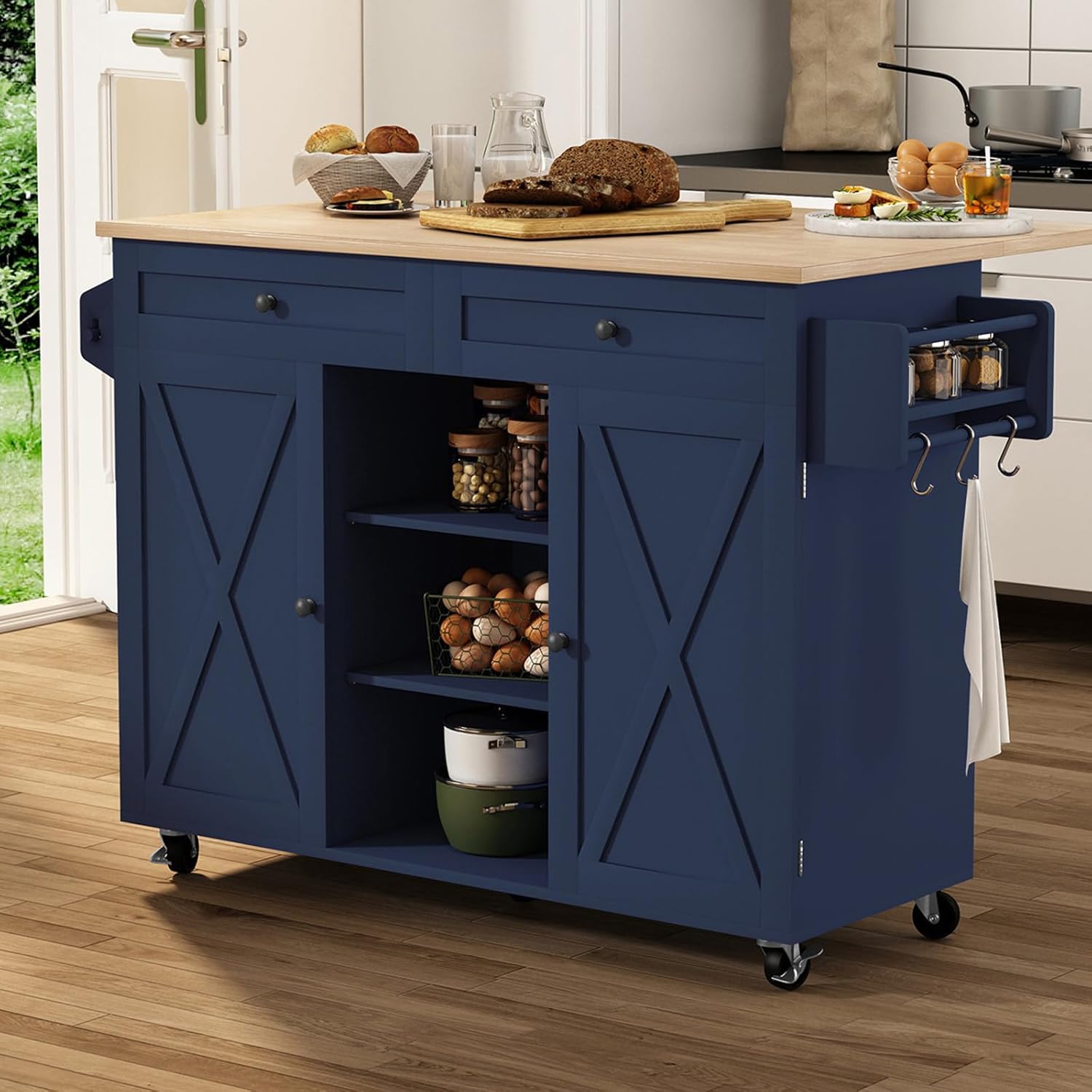 HLR® Kitchen Island On Wheels, Rolling Kitchen Island Cart with Drop Leaf Countertop