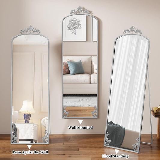 HLR® 64"x21" Tall Arched Full Length Mirror, Vintage Full Body Mirrors with Carved Metal Frame