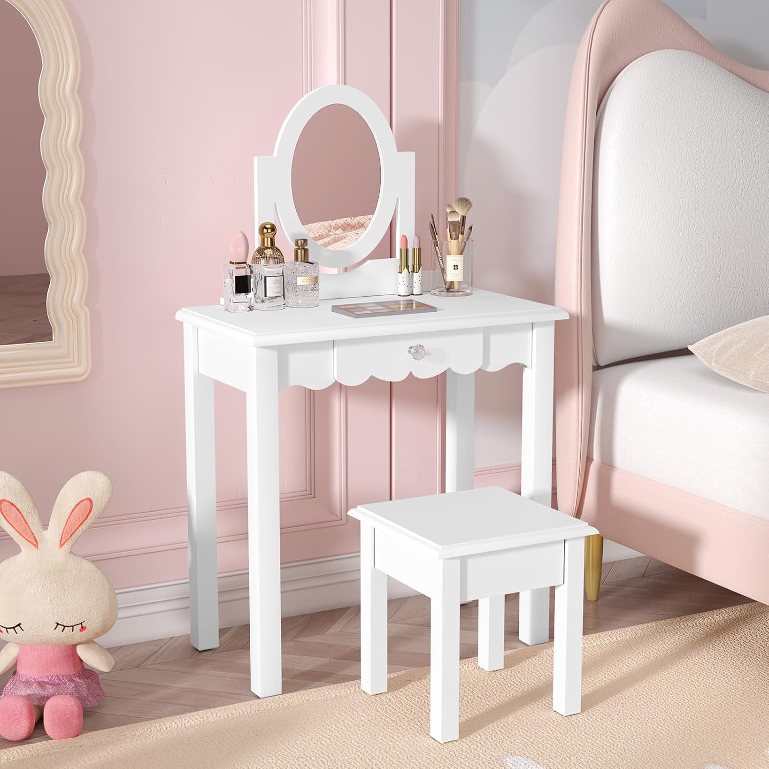 HLR® Kids Vanity, Girls Vanity Set with Mirror and Stool, Wooden 2 in 1 Princess Makeup Desk Dressing Table with Detachable Top