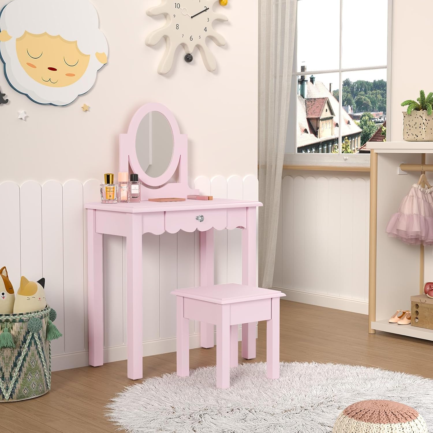 HLR® Kids Vanity, Girls Vanity Set with Mirror and Stool, Wooden 2 in 1 Princess Makeup Desk Dressing Table with Detachable Top