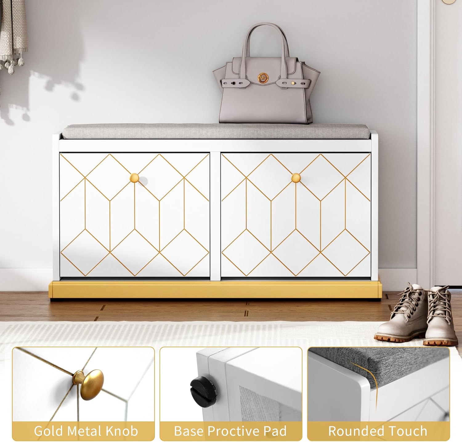 Banc à chaussures HLR® avec rangement, banc d'entrée moderne avec 2 tiroirs rabattables et siège rembourré