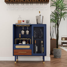 HLR® Modern Coffee Bar Cabinet with Wine Glass Rack and Drawers, Blue Liquor Cabinet