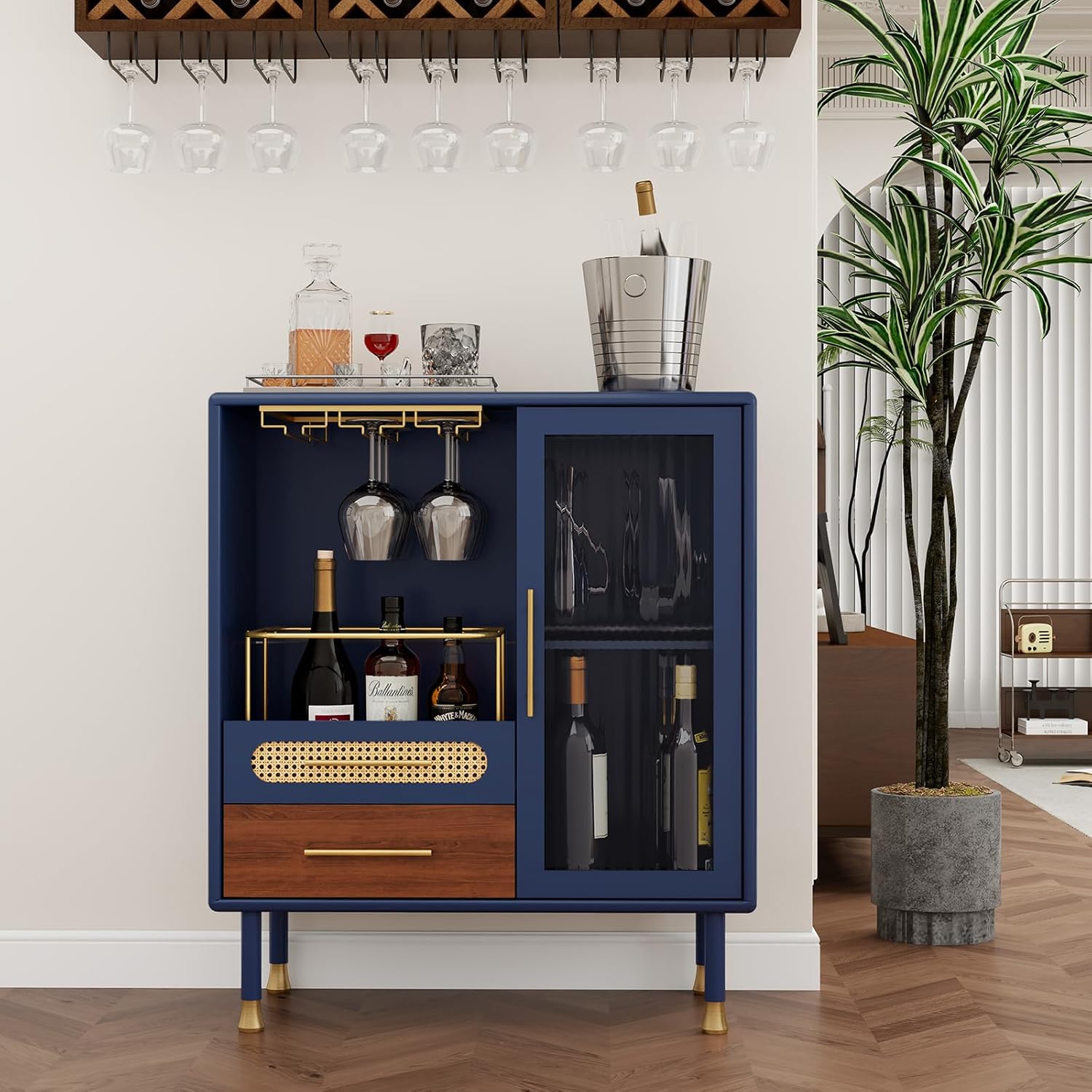 HLR® Modern Coffee Bar Cabinet with Wine Glass Rack and Drawers, Blue Liquor Cabinet