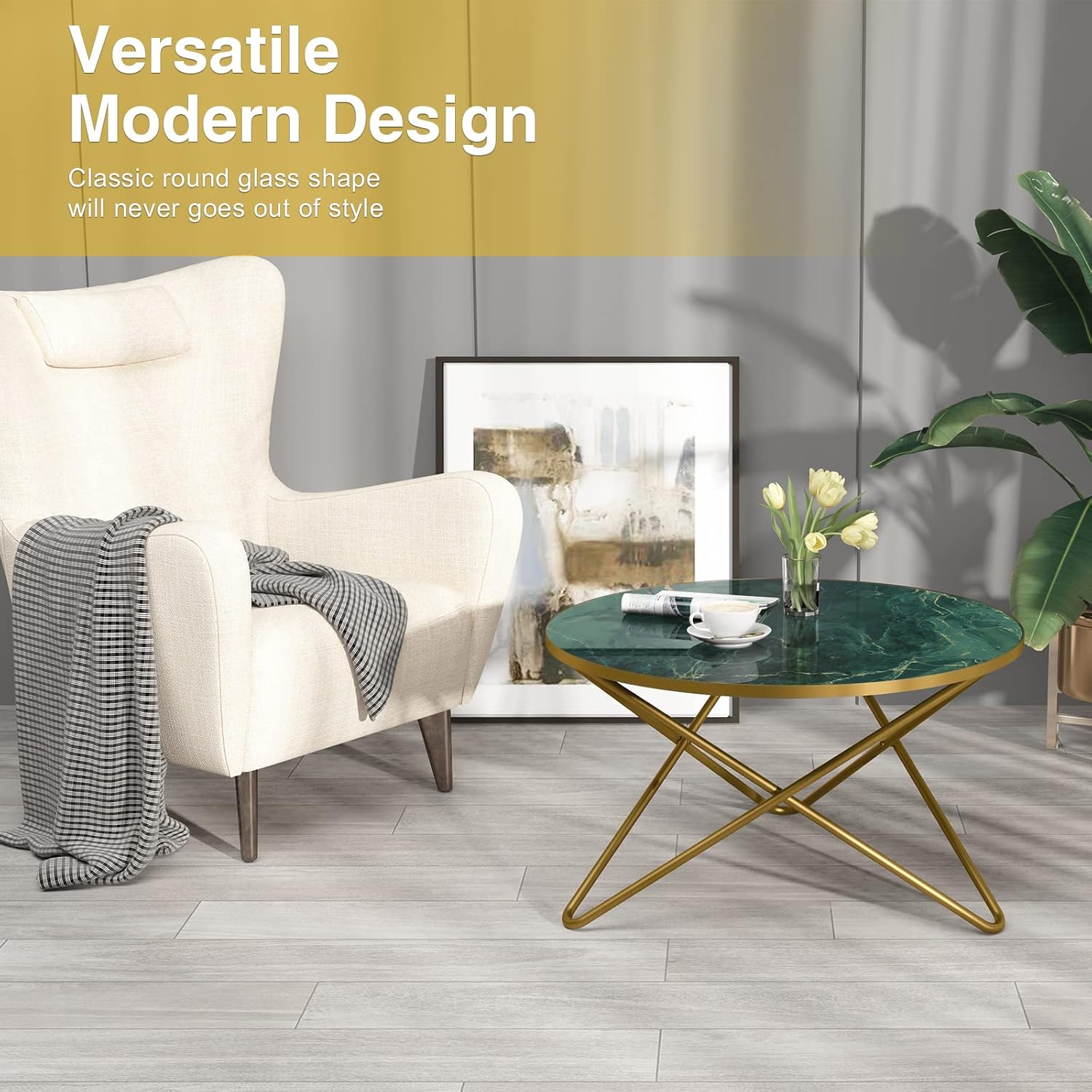 HLR® Round Coffee Table with Green Faux Marble Top