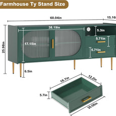 HLR® Modern 60” TV Stand for 55/60/65 inches TVs, Glass Door TV Cabinet with Drawers