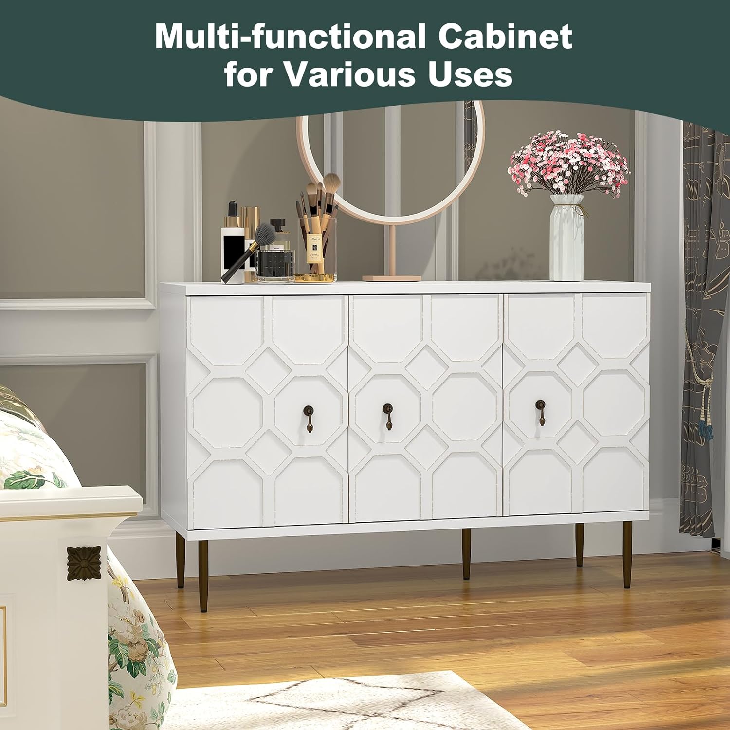 HLR® 47" White Sideboard Buffet Cabinet with Storage, 3 Decorative Embossed Pattern Doors