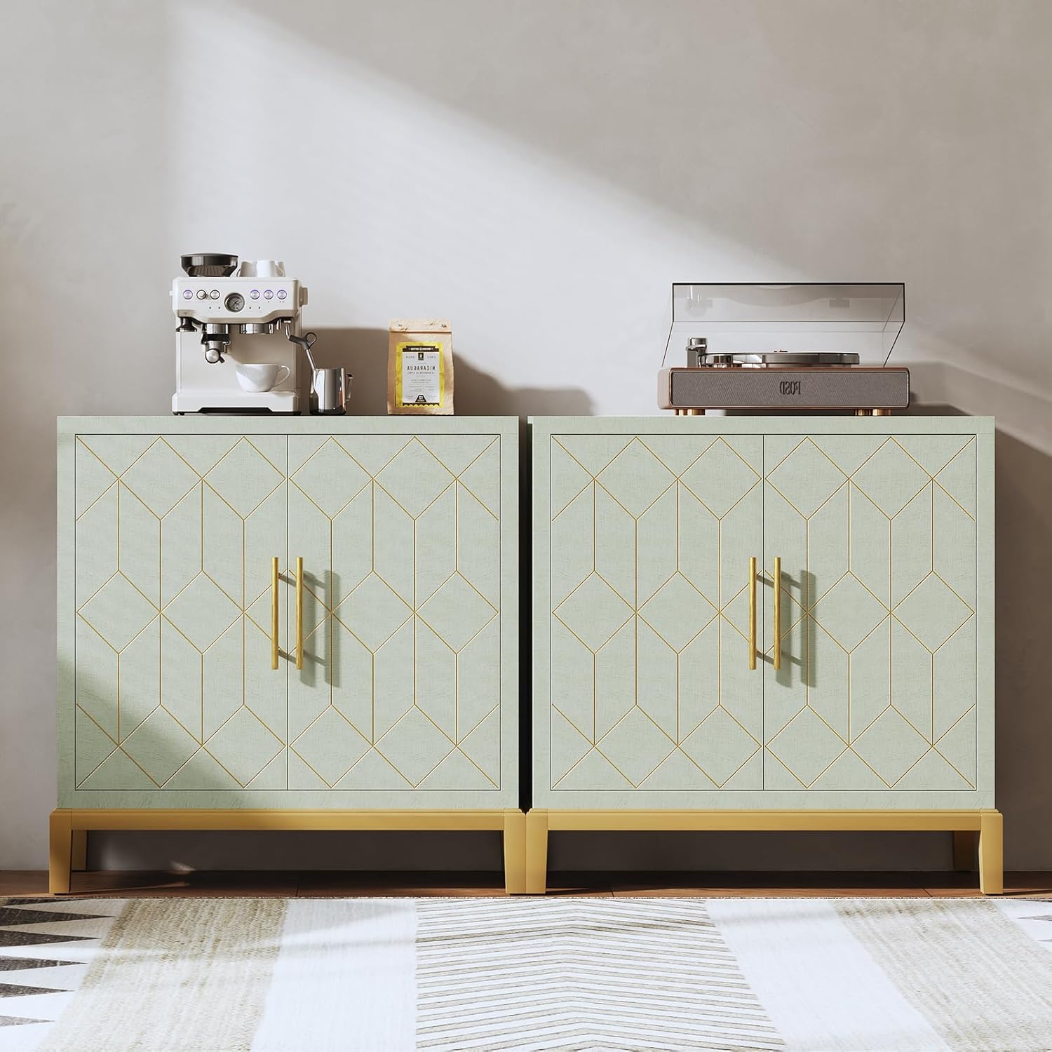 HLR® Green Accent Cabinet with Gold Trim, Storage Cabinet with 2/4 Doors