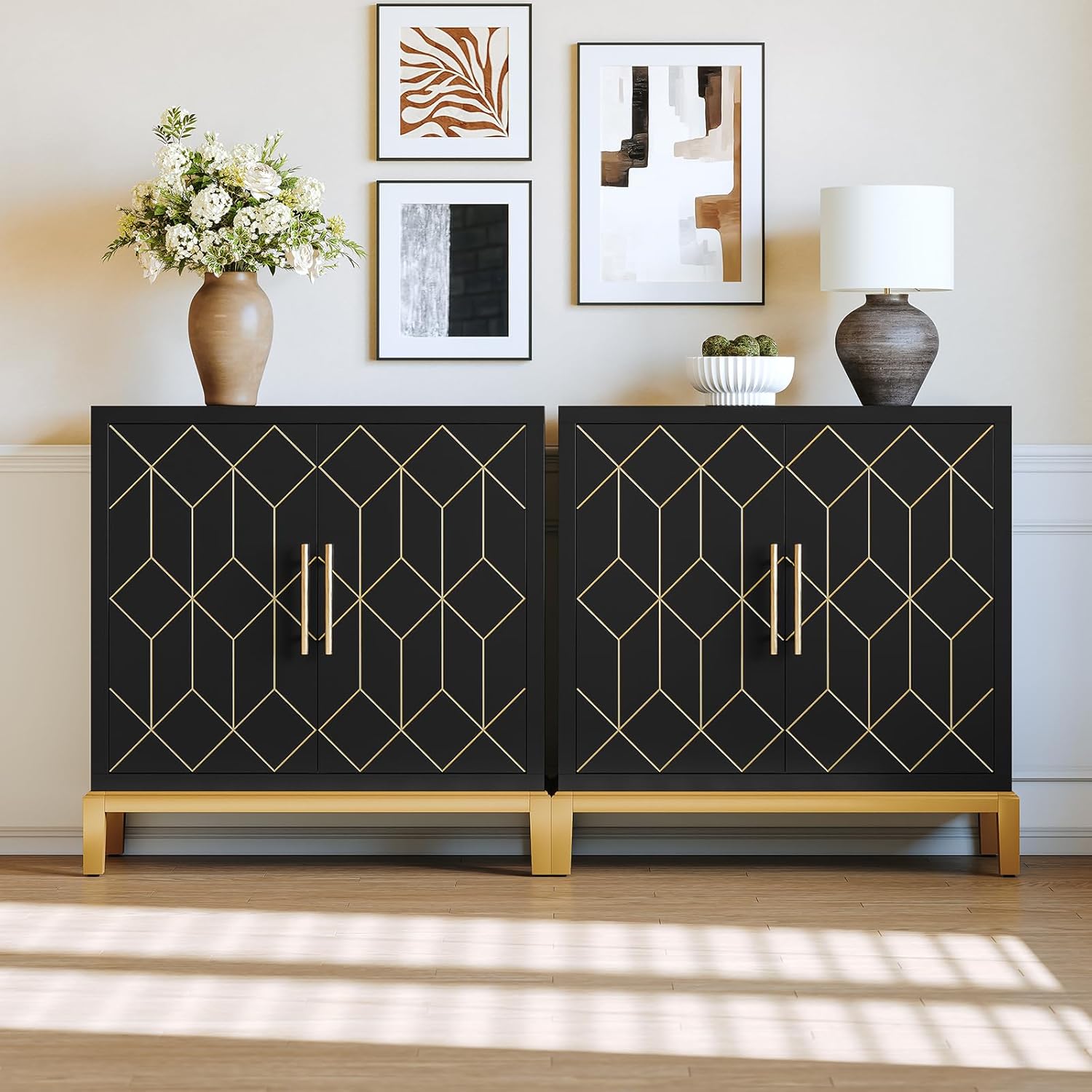 HLR® Green Accent Cabinet with Gold Trim, Storage Cabinet with 2/4 Doors