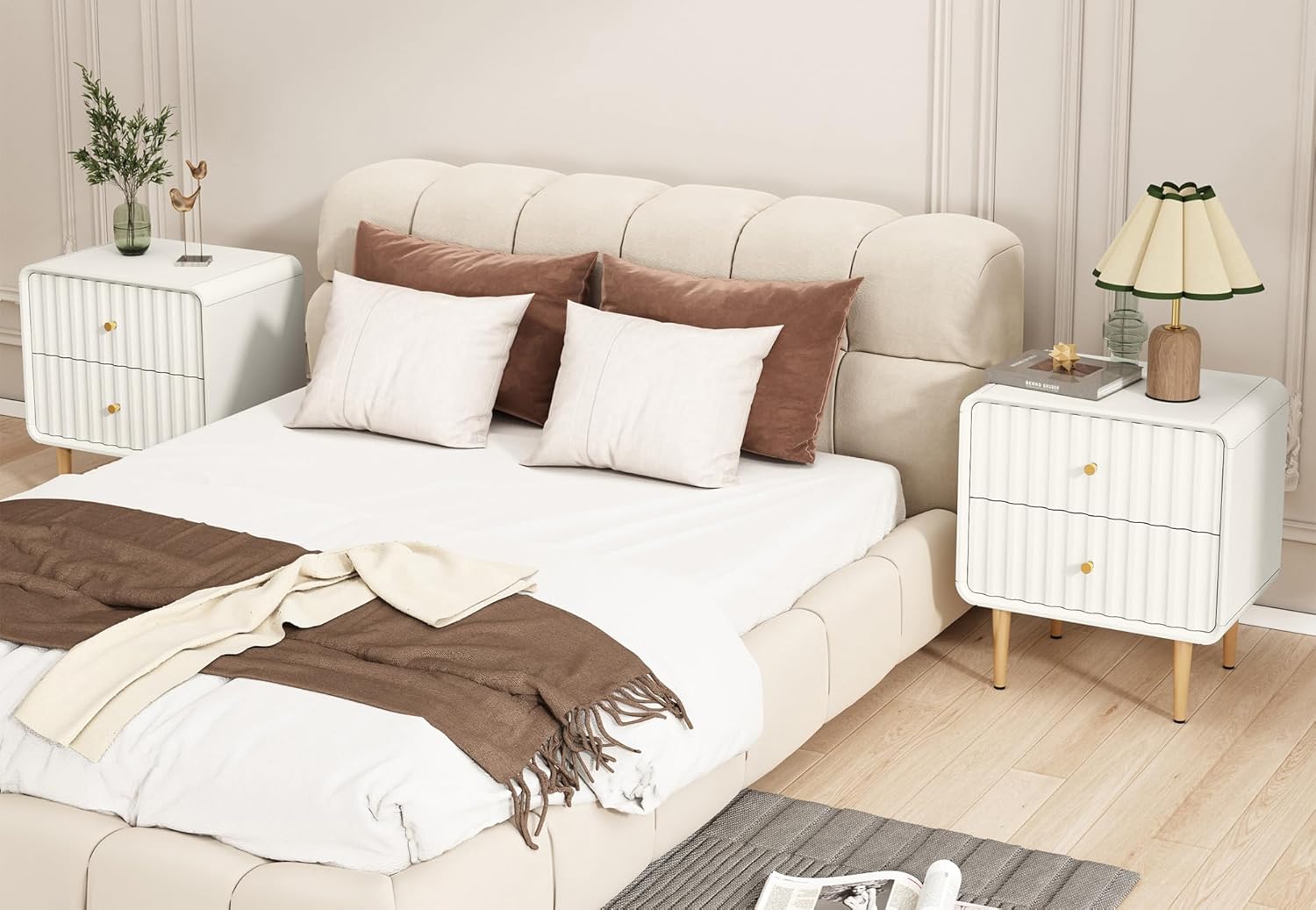 HLR® Modern Nightstand Set of 2, Fluted Bed Side Table with 2 Drawers Storage