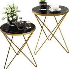 HLR® Modern Round Side Table, End Table with Marble Effect Top and Gold Metal Frame