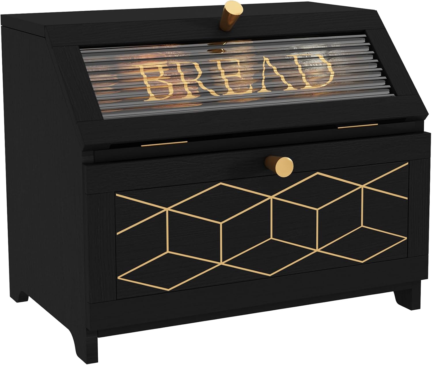 HLR® Double Layer Bread Box With Golden Trim for Countertop, Wooden Bread Container