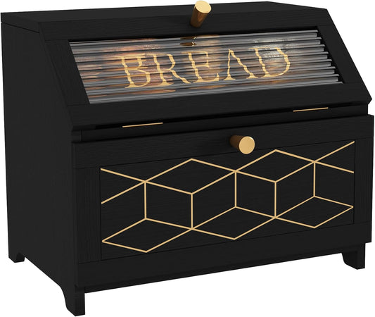 HLR® Double Layer Bread Box With Golden Trim for Countertop, Wooden Bread Container