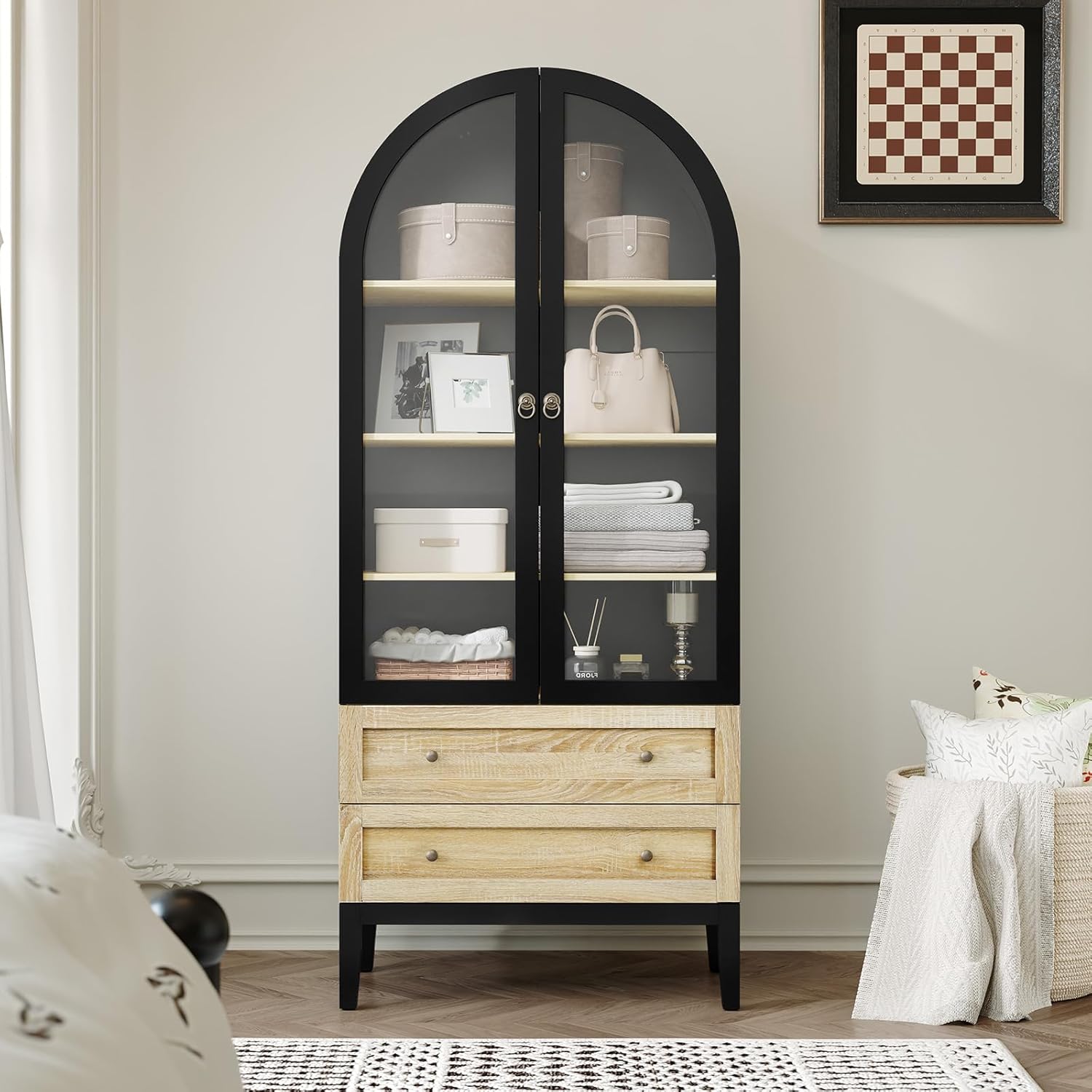 HLR® 71" Tall Arched Storage Cabinet, Modern Farmhouse White Kitchen Pantry Cabinet