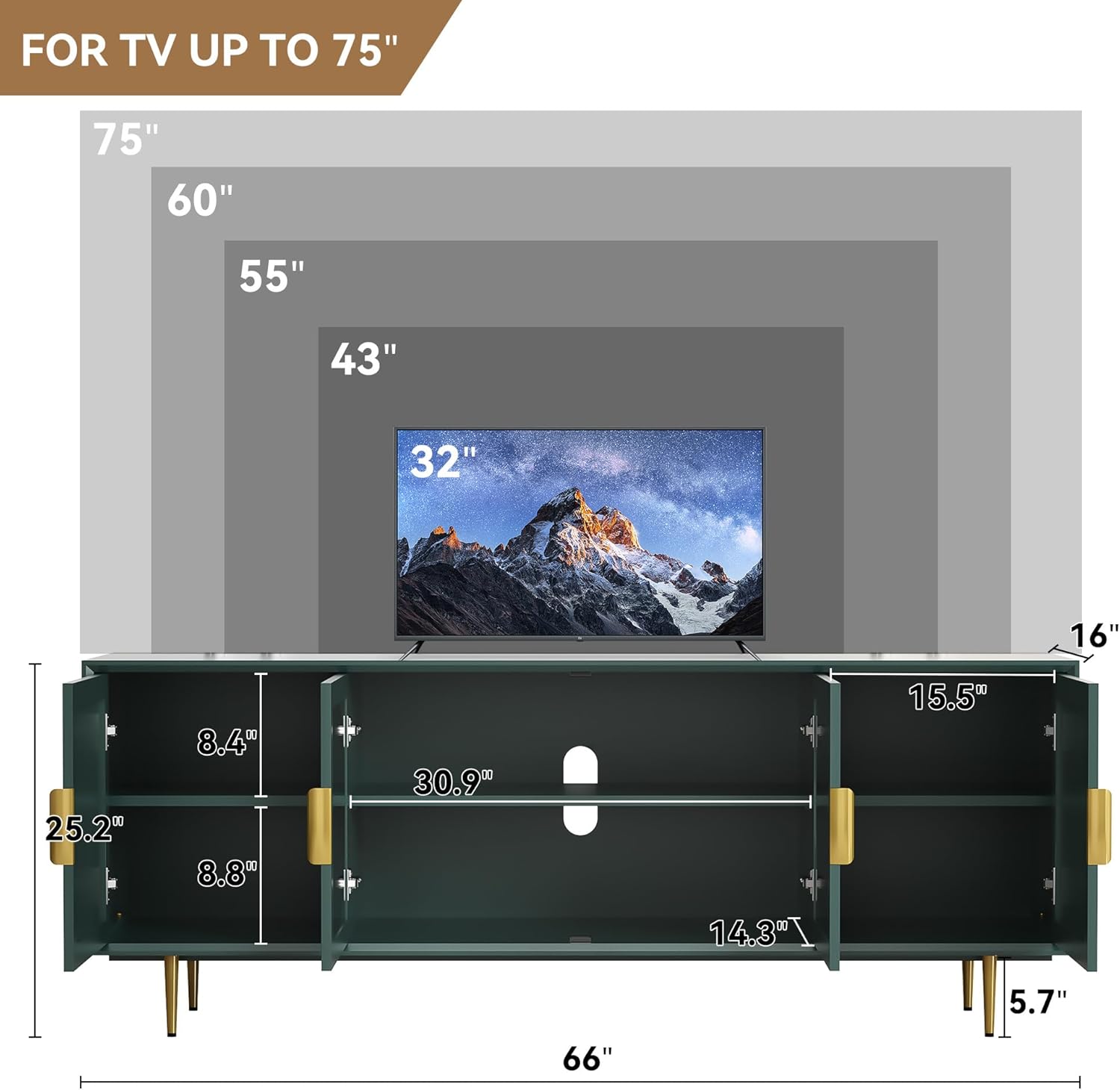 HLR® Modern TV Stand for TVs up to 70+ inch, Glass Door Television Console Table