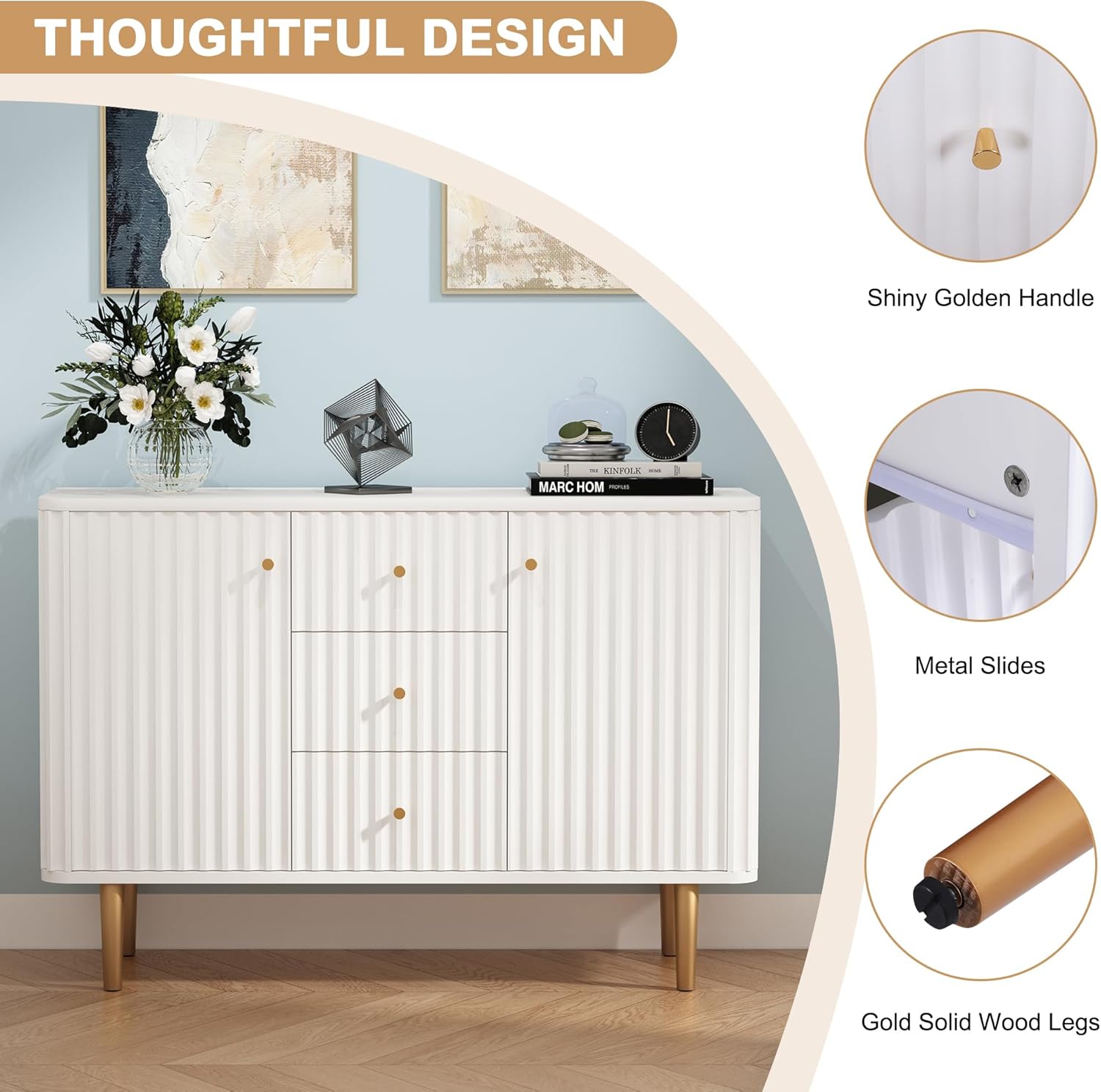 HLR® Sideboard Buffet Cabinet with Storage, 48" Fluted Accent Cabinet with 2 Drawers and 2 Doors